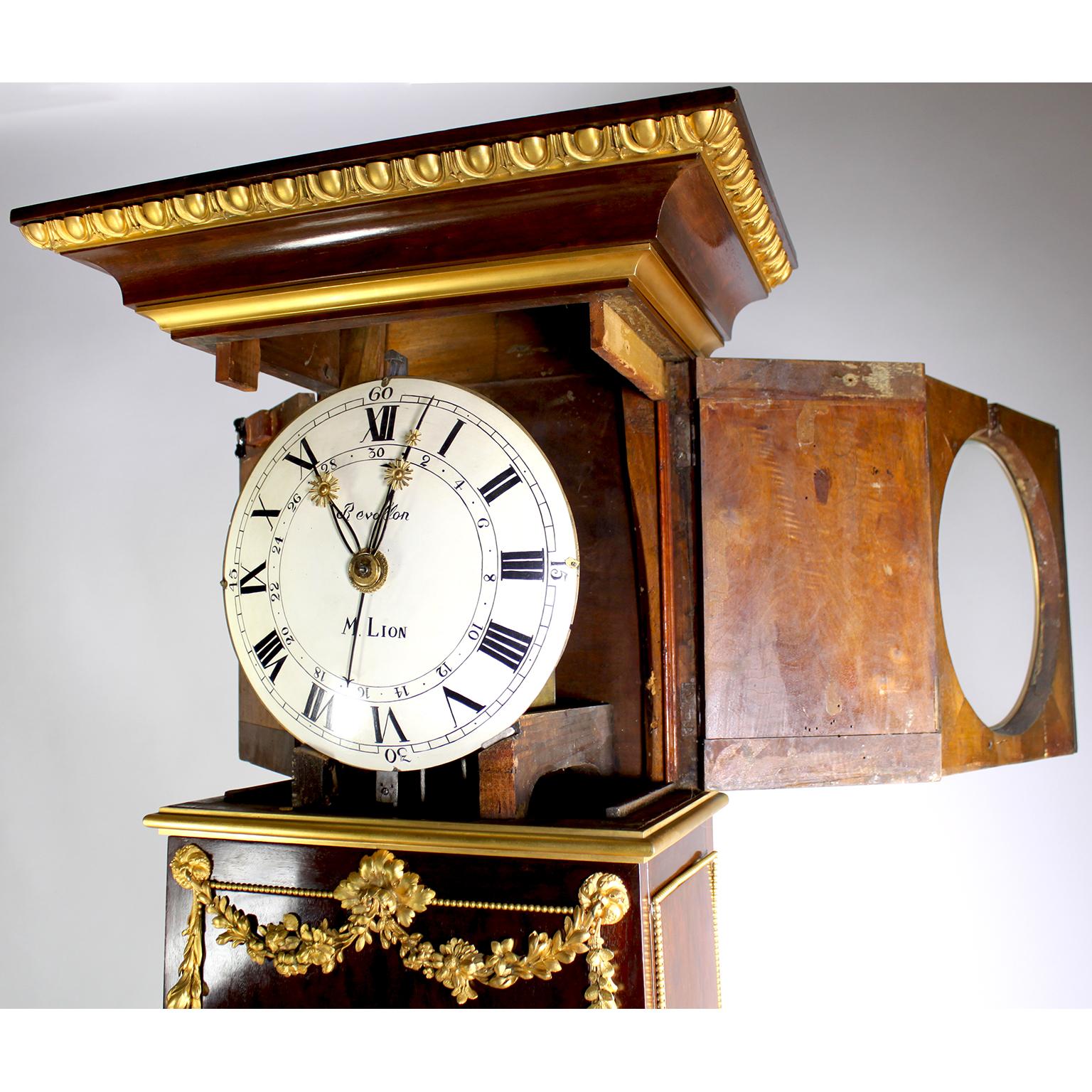 French 19th Century Louis XVI Style Plum-Mahogany Ormolu Mounted Tall Case Clock For Sale 8