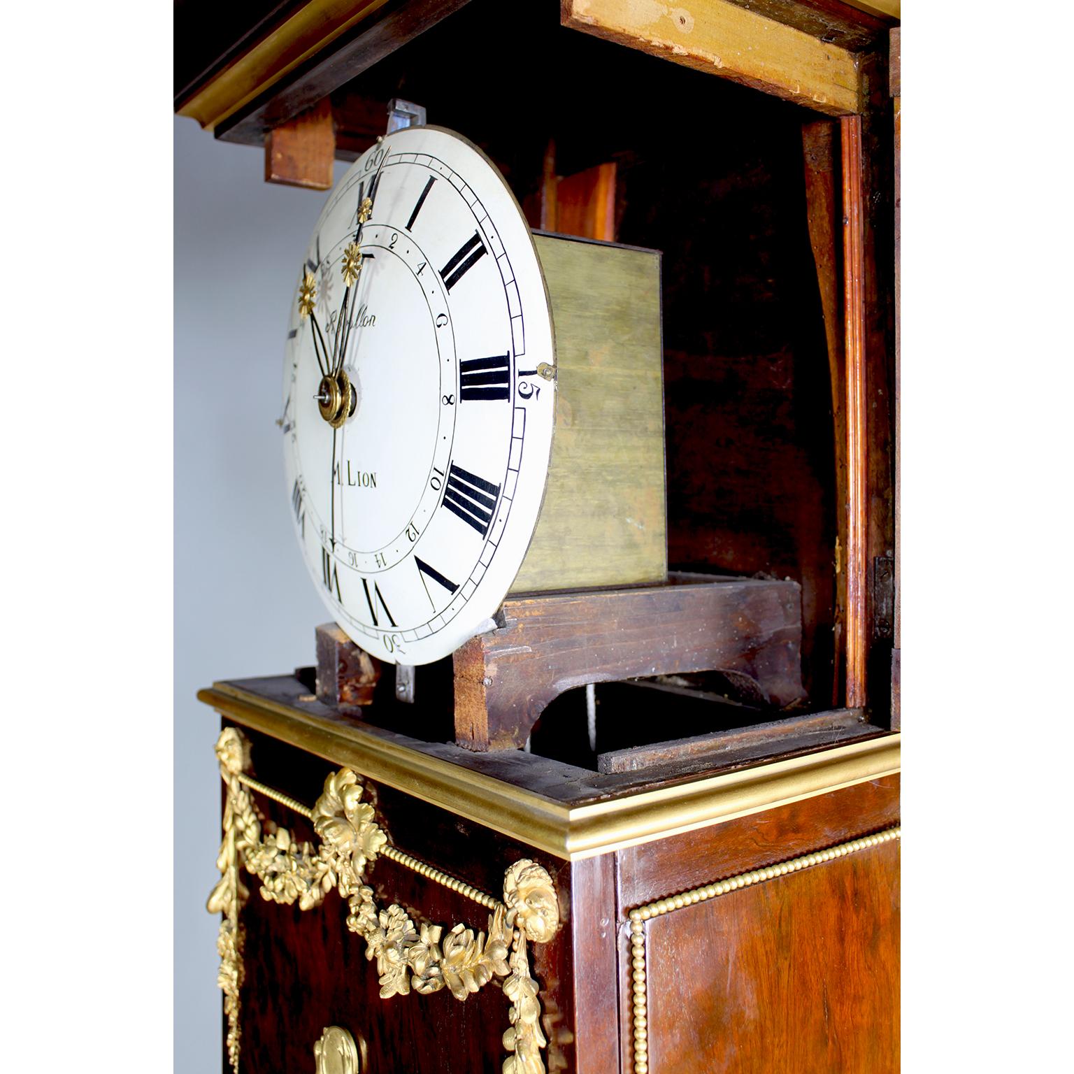 French 19th Century Louis XVI Style Plum-Mahogany Ormolu Mounted Tall Case Clock For Sale 9