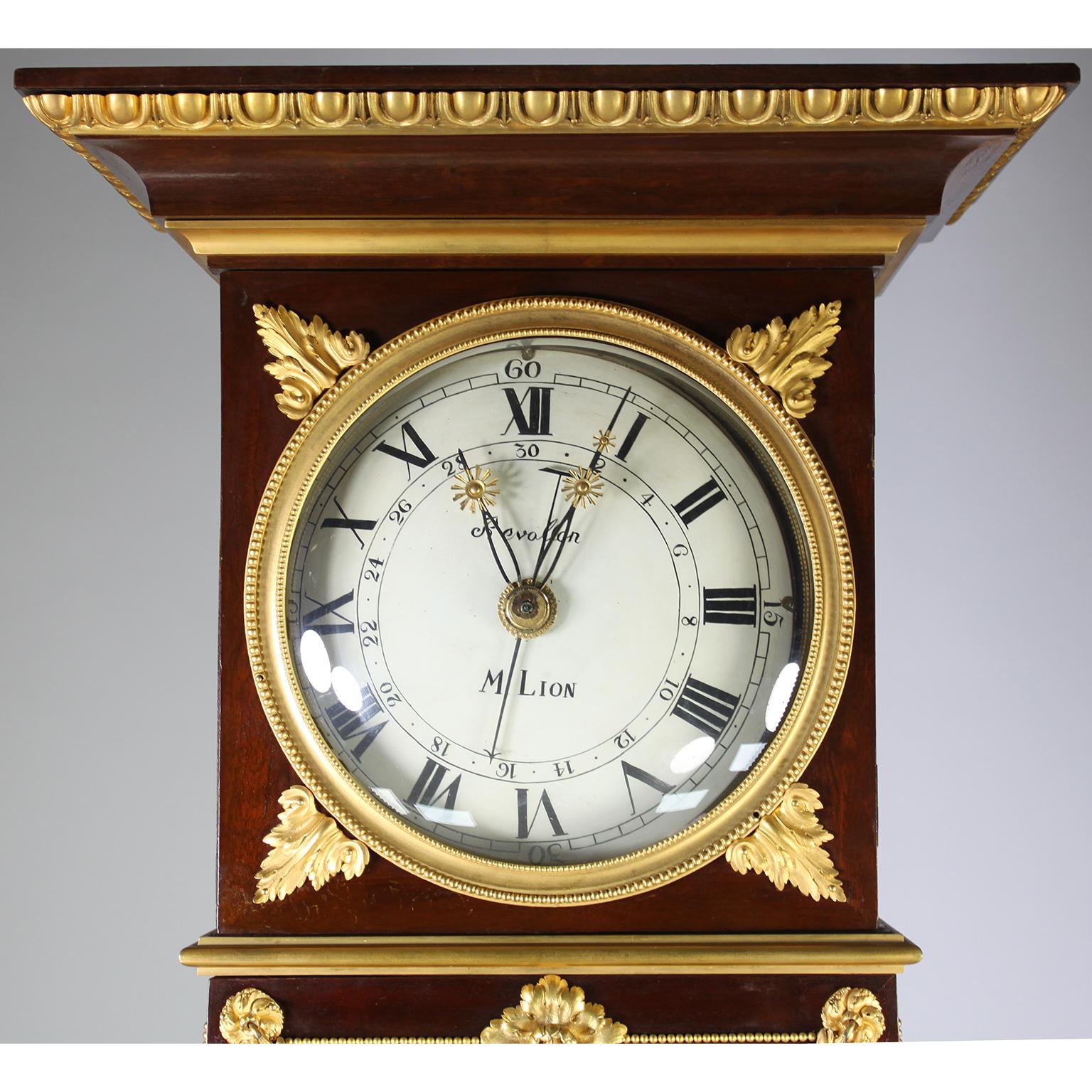 Gilt French 19th Century Louis XVI Style Plum-Mahogany Ormolu Mounted Tall Case Clock For Sale