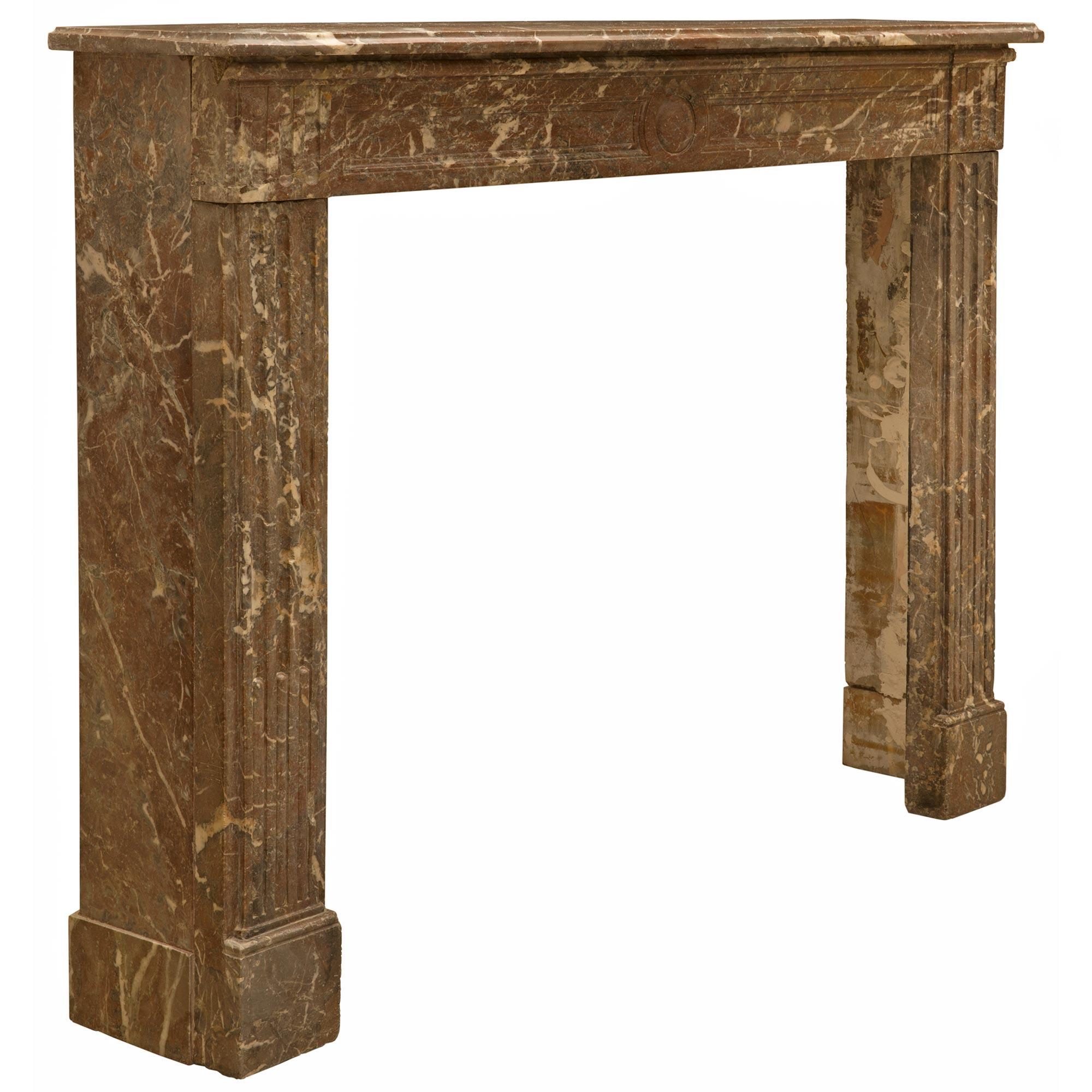 French 19th Century Louis XVI Style Rouge Catalan Marble Fireplace Mantel In Good Condition For Sale In West Palm Beach, FL