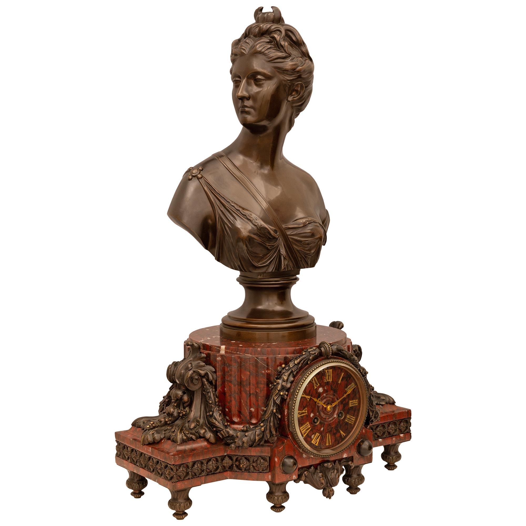 French 19th Century Louis XVI Style Rouge Griotte Marble and Bronze Clock In Good Condition For Sale In West Palm Beach, FL