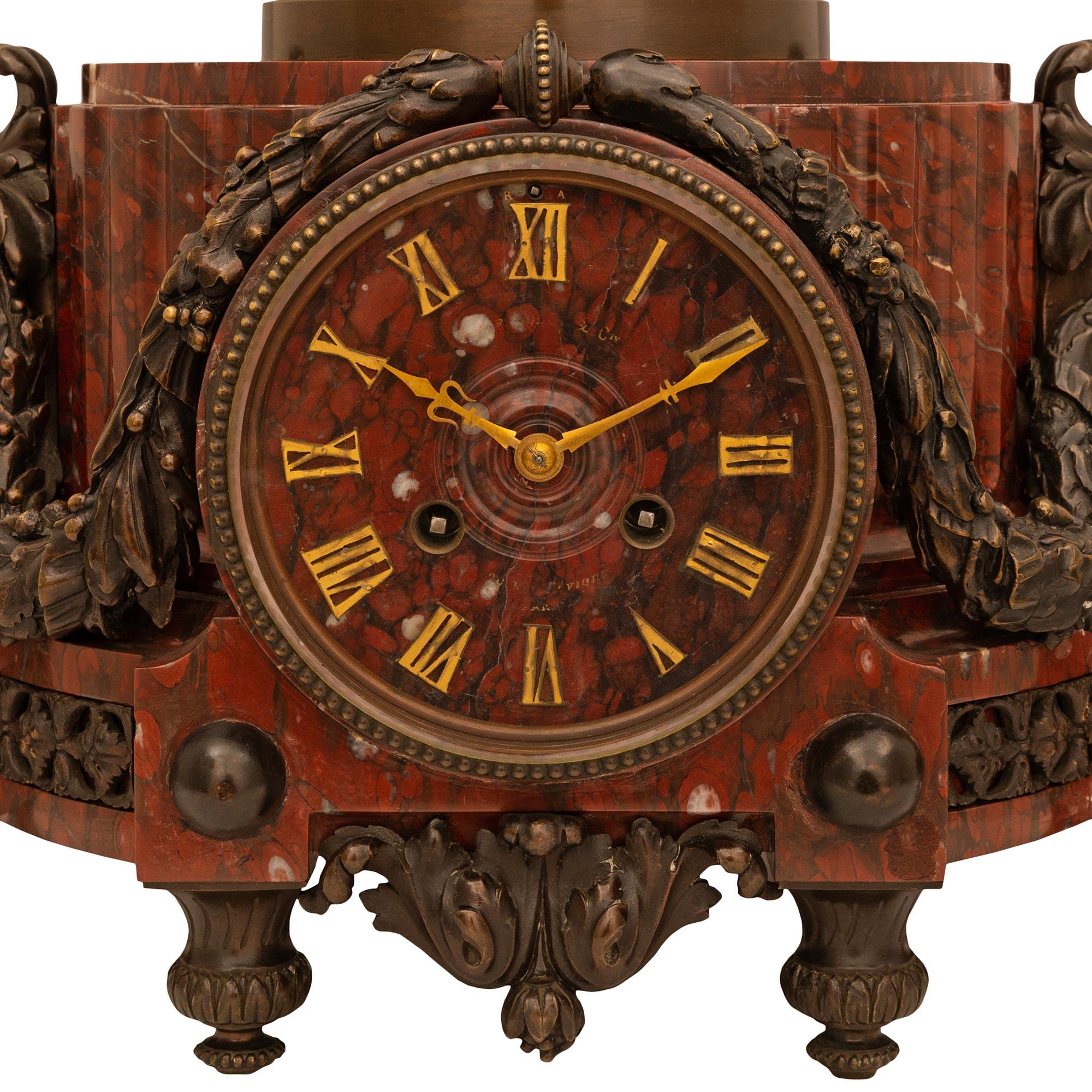 French 19th Century Louis XVI Style Rouge Griotte Marble and Bronze Clock For Sale 4