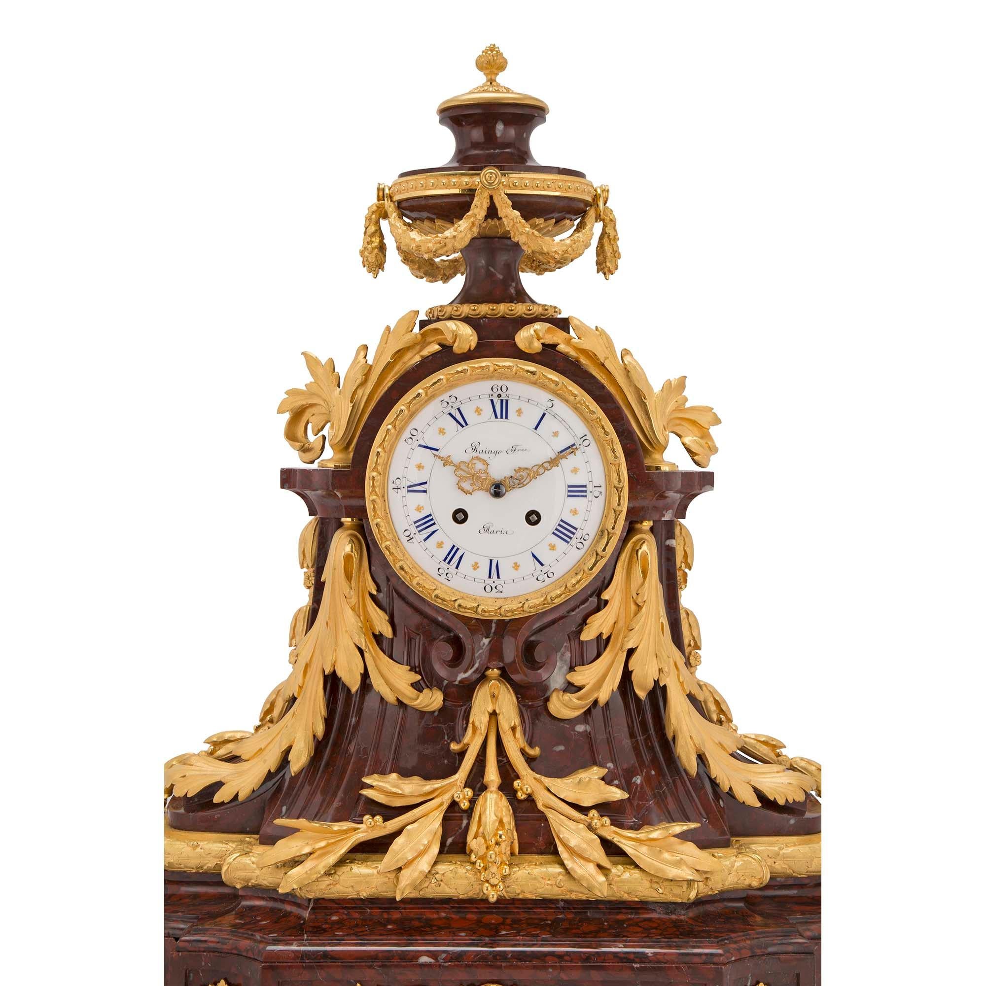French 19th Century Louis XVI Style Rouge Griotte Marble and Ormolu Clock In Good Condition For Sale In West Palm Beach, FL