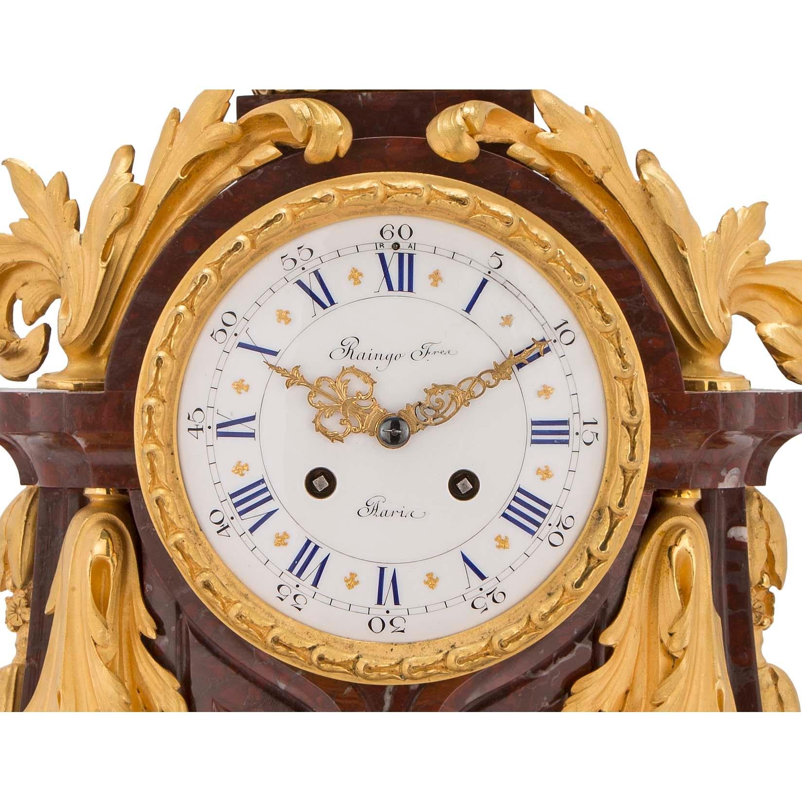 French 19th Century Louis XVI Style Rouge Griotte Marble and Ormolu Clock For Sale 1