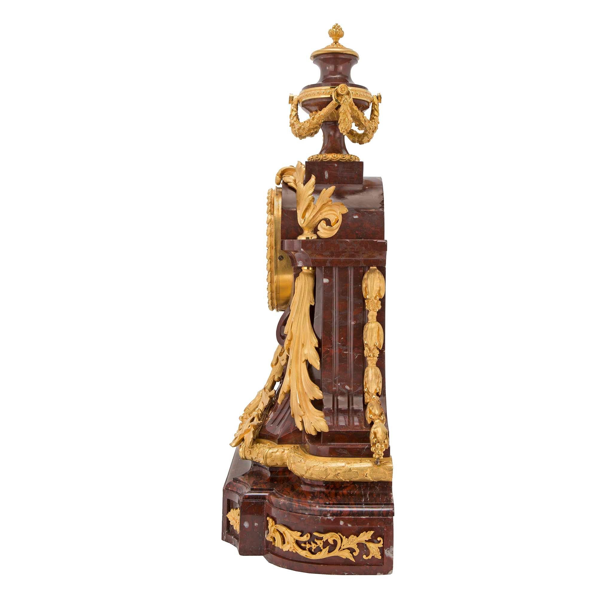 French 19th Century Louis XVI Style Rouge Griotte Marble and Ormolu Clock For Sale 2