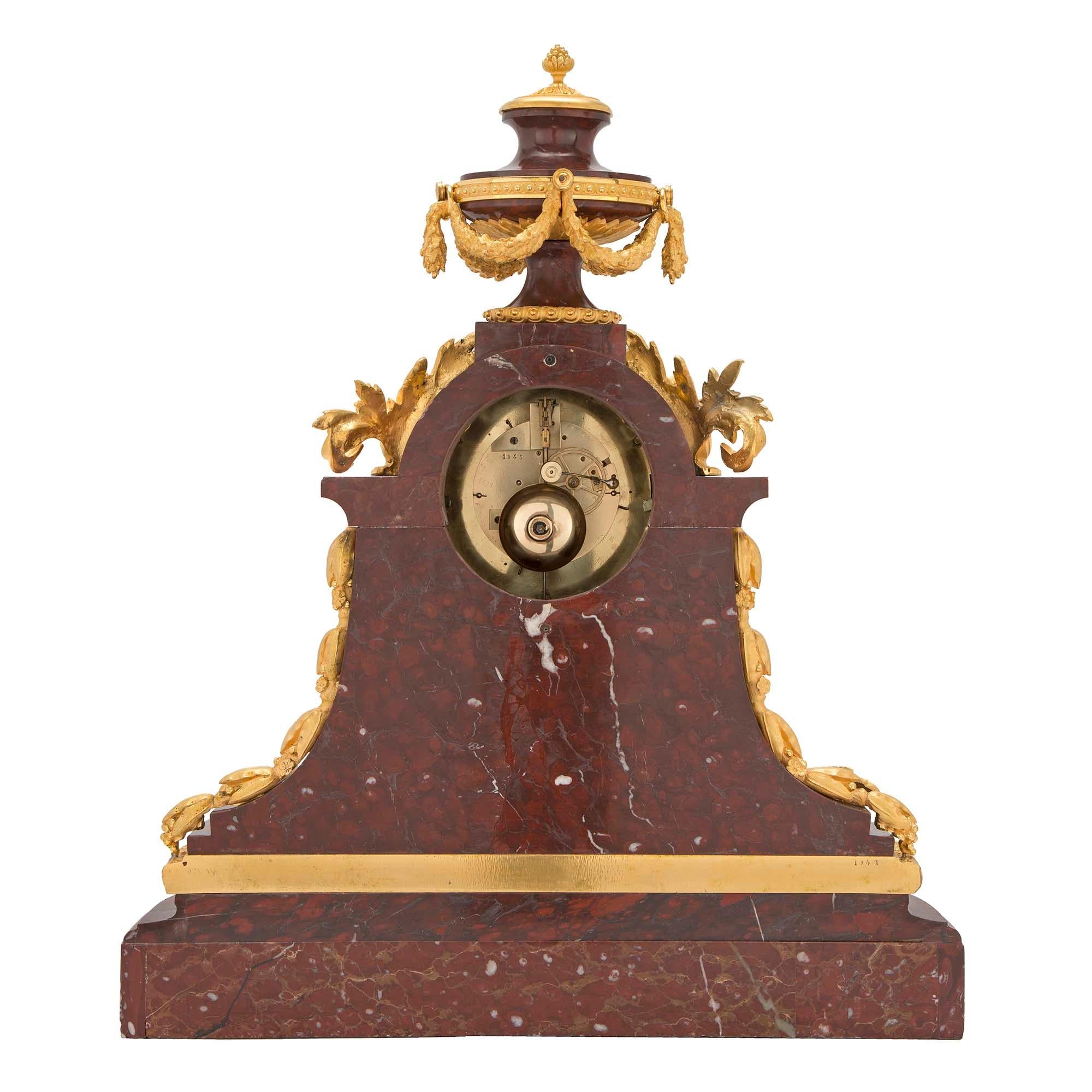 French 19th Century Louis XVI Style Rouge Griotte Marble and Ormolu Clock For Sale 5