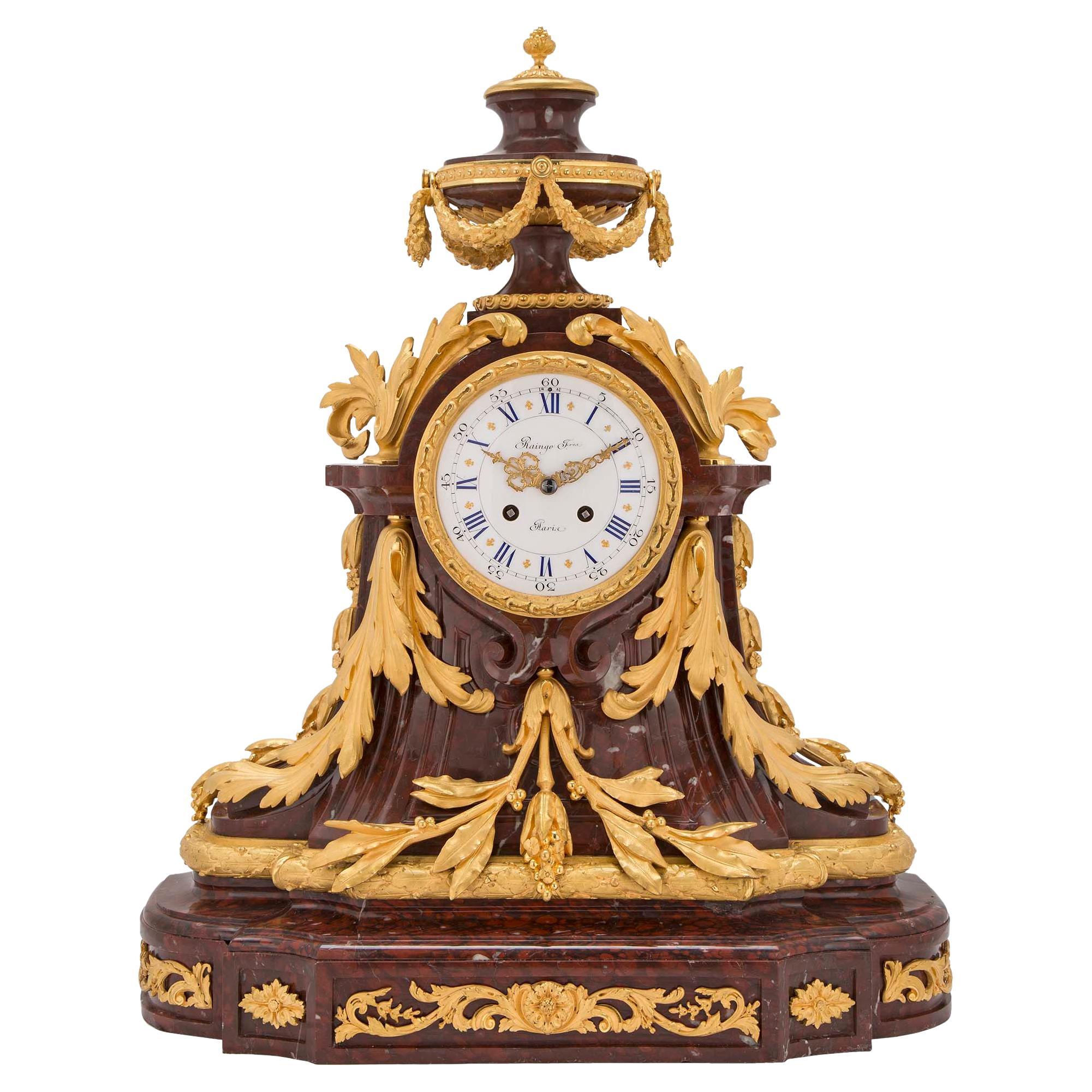 French 19th Century Louis XVI Style Rouge Griotte Marble and Ormolu Clock