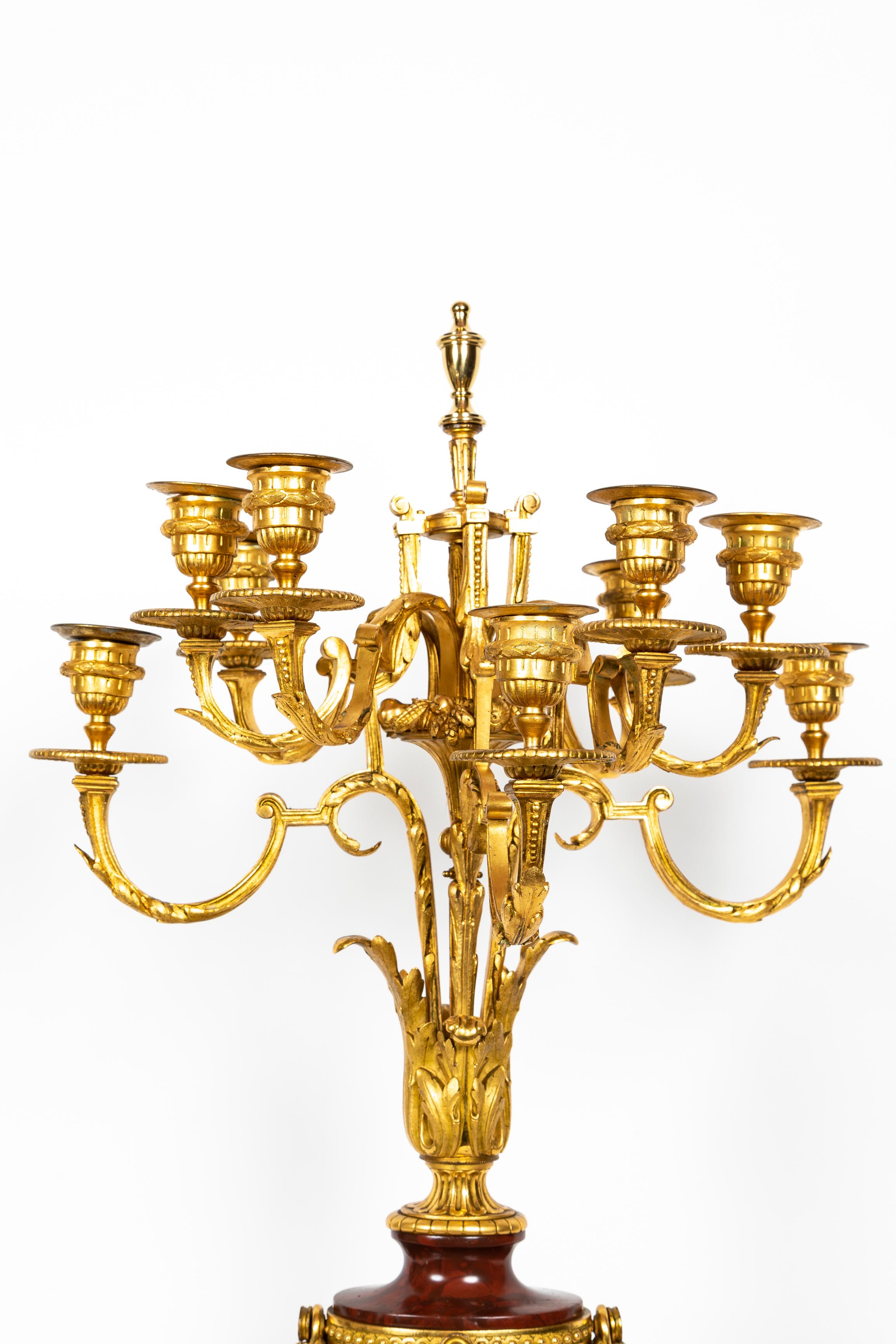 French 19th Century Louis XVI Style Rouge Griotte Marble and Ormolu Clock Set For Sale 5