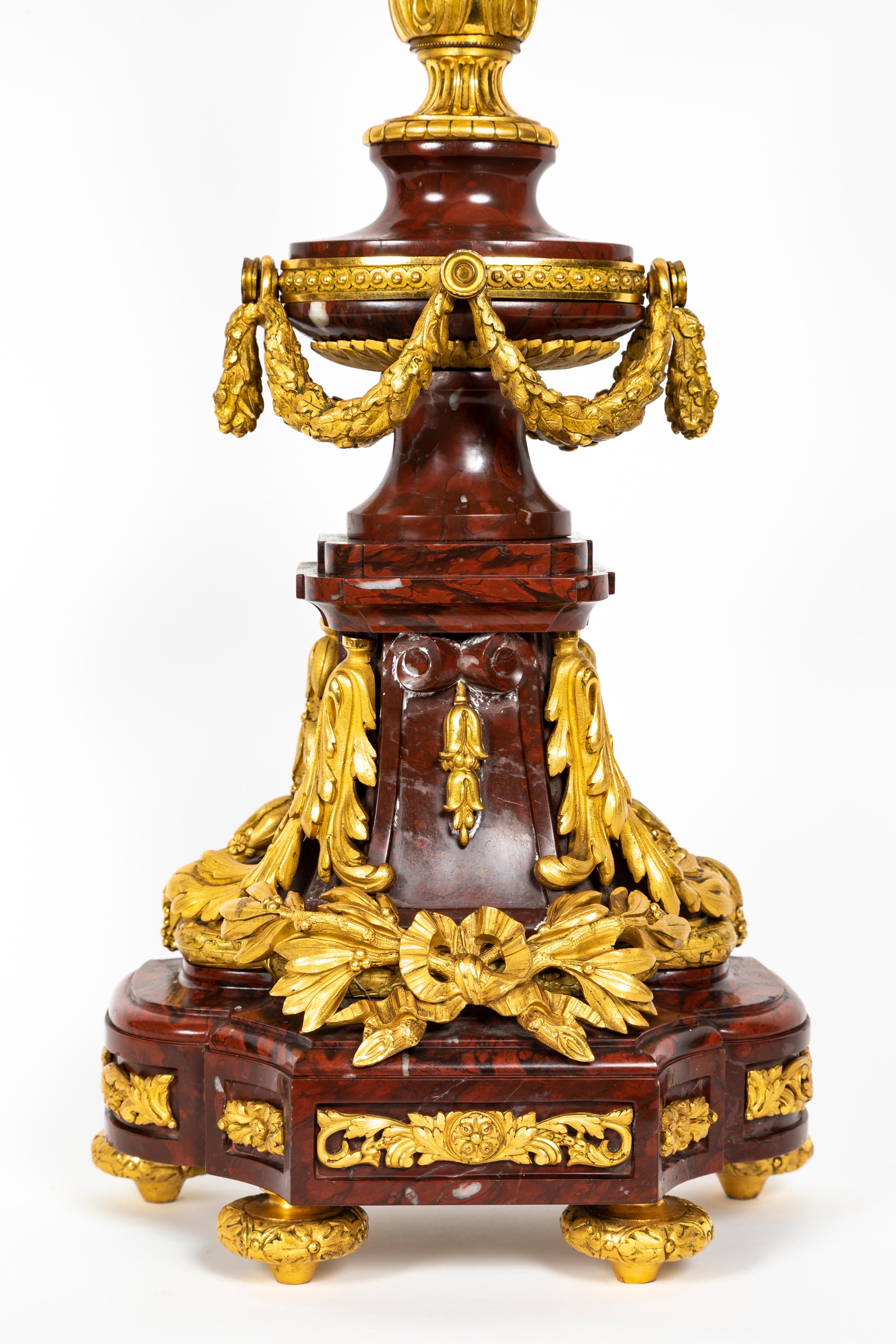 French 19th Century Louis XVI Style Rouge Griotte Marble and Ormolu Clock Set For Sale 6