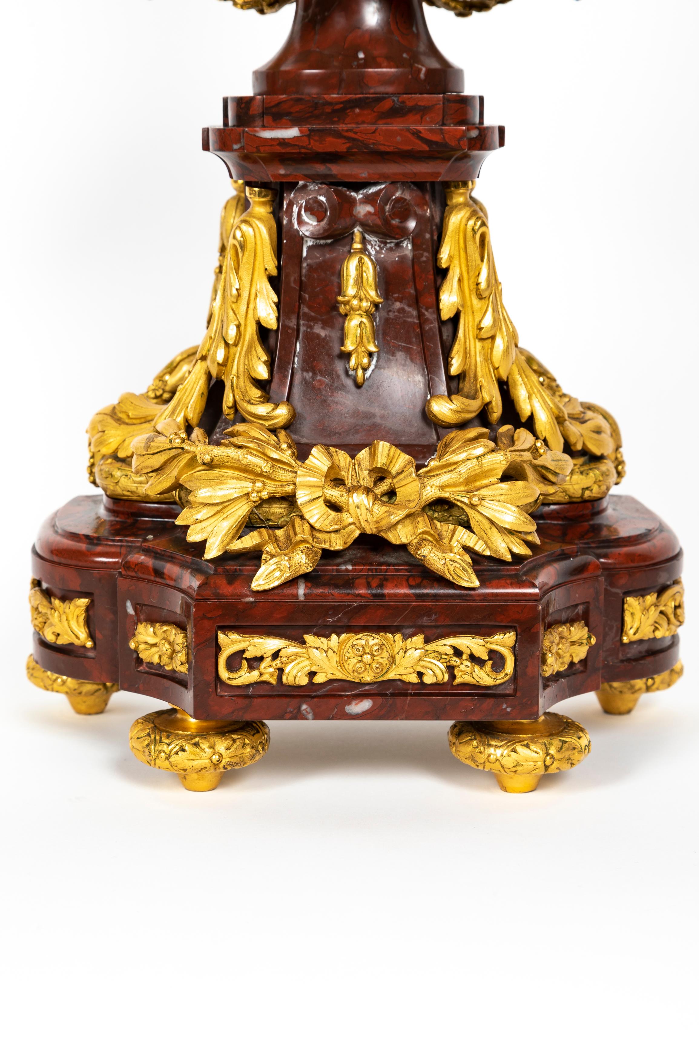 French 19th Century Louis XVI Style Rouge Griotte Marble and Ormolu Clock Set For Sale 7
