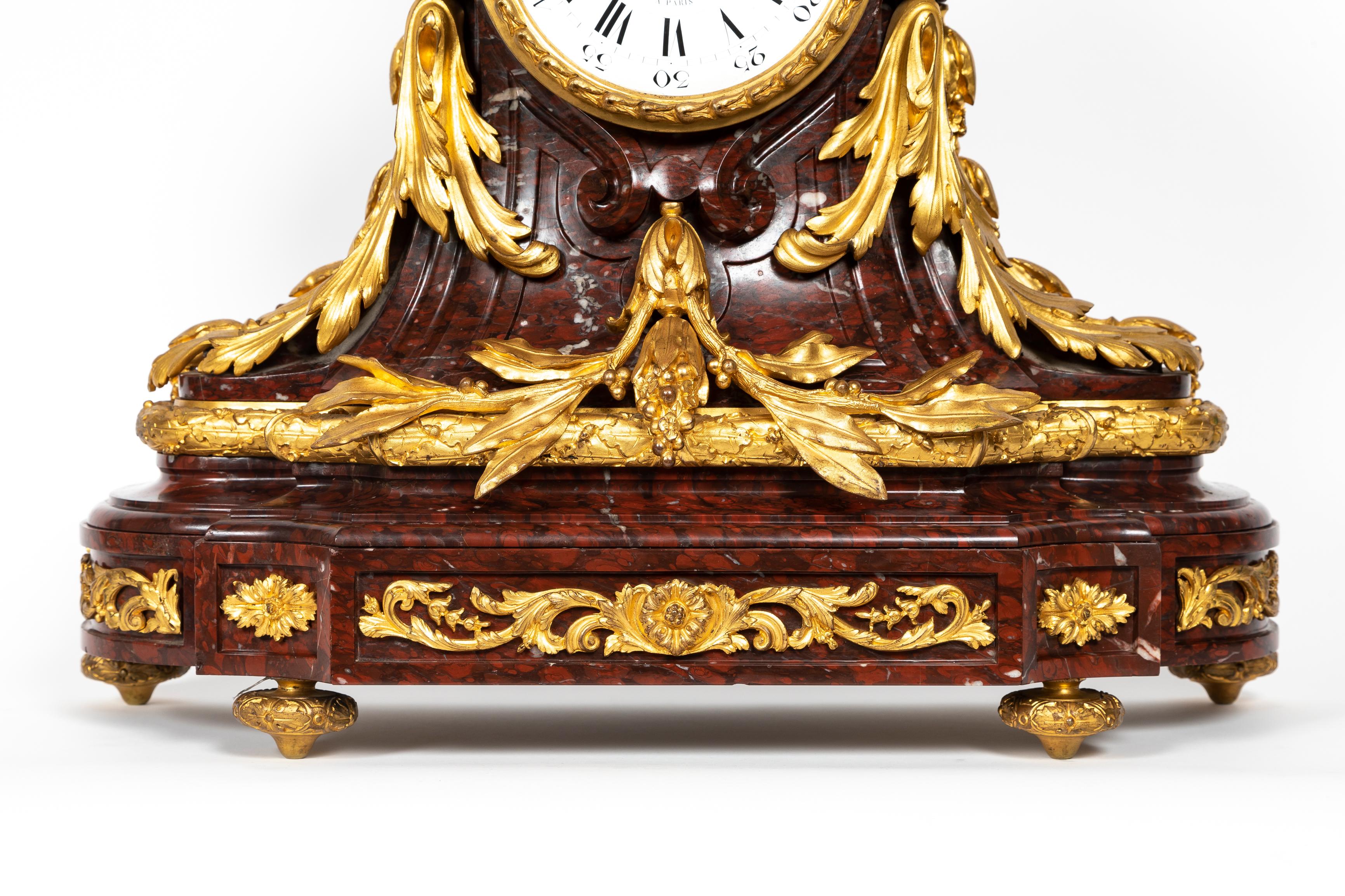 French 19th Century Louis XVI Style Rouge Griotte Marble and Ormolu Clock Set For Sale 1