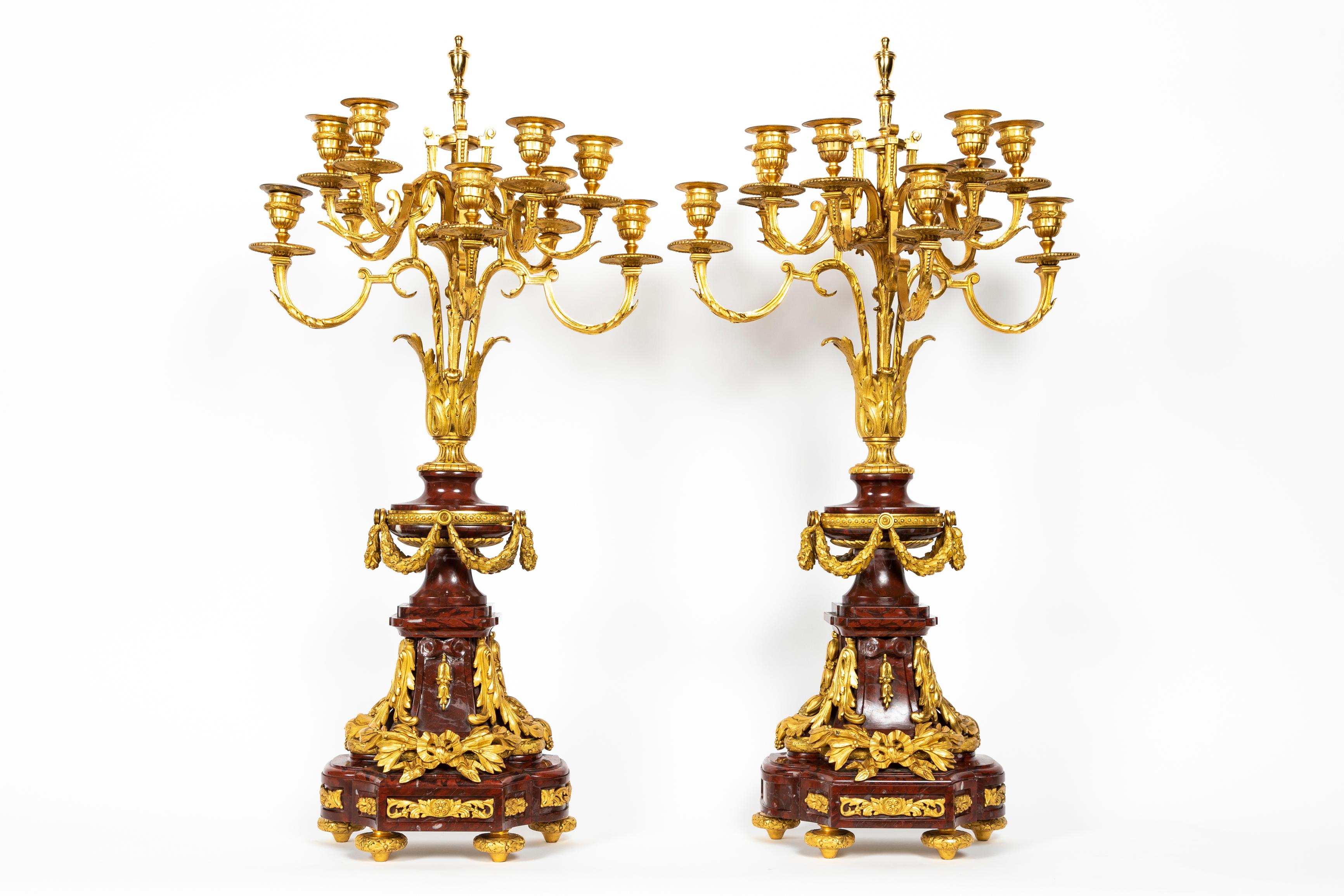 French 19th Century Louis XVI Style Rouge Griotte Marble and Ormolu Clock Set For Sale 2