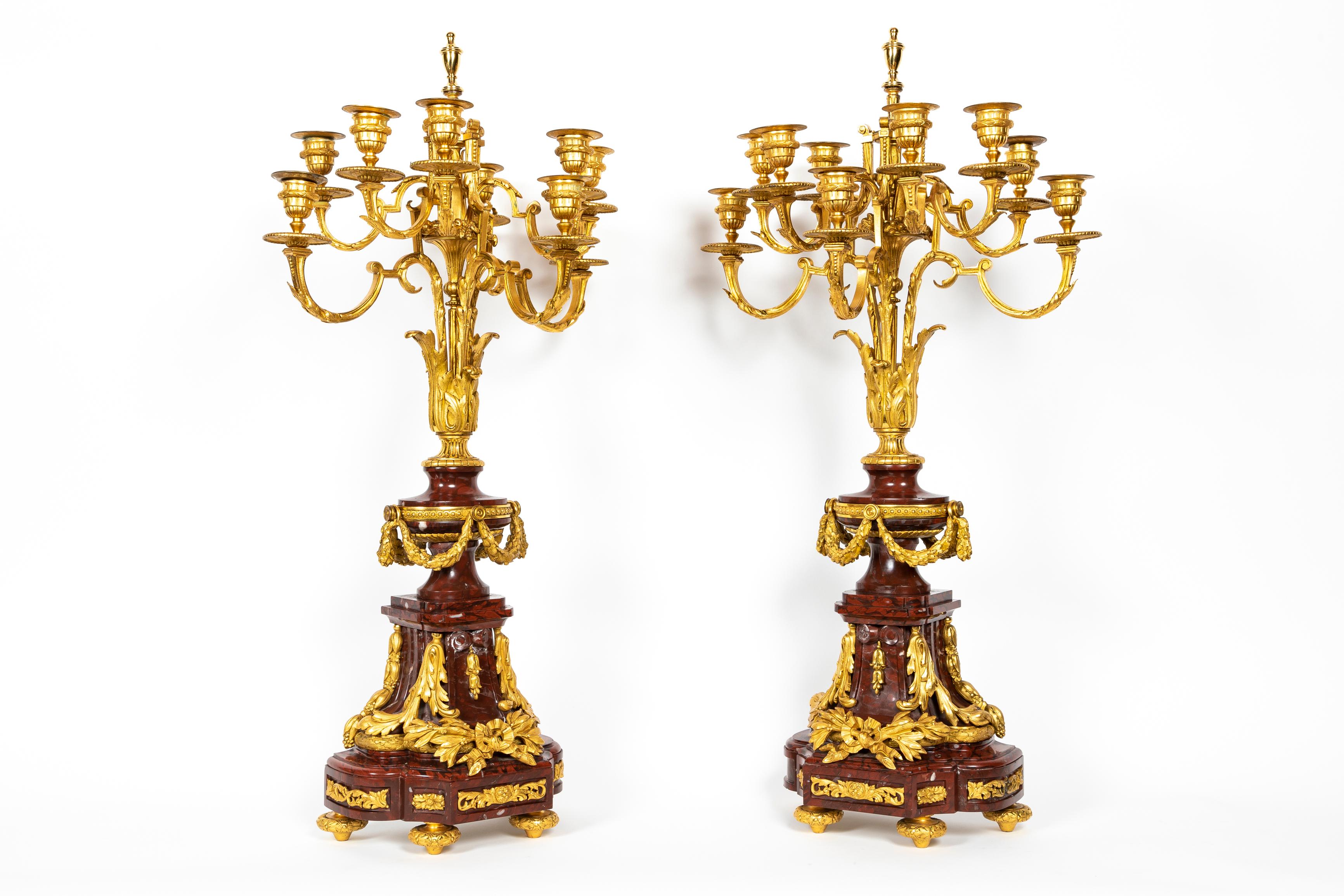 French 19th Century Louis XVI Style Rouge Griotte Marble and Ormolu Clock Set For Sale 3