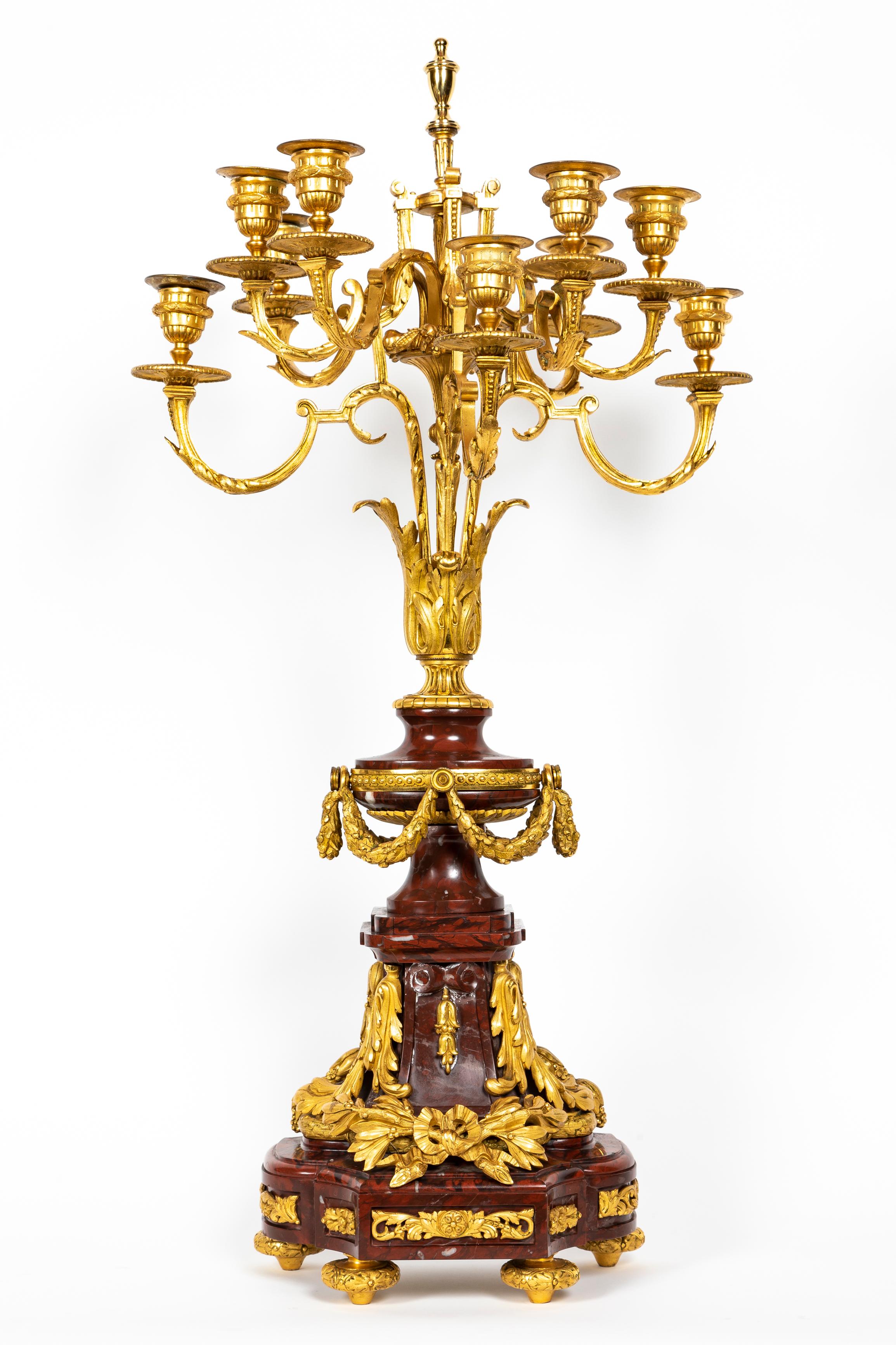 French 19th Century Louis XVI Style Rouge Griotte Marble and Ormolu Clock Set For Sale 4