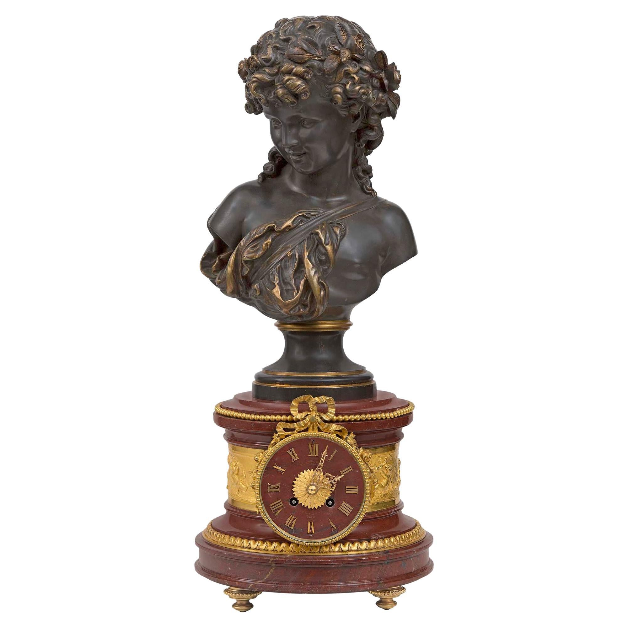 French 19th Century Louis XVI Style Rouge Griotte, Ormolu and Bronze Clock