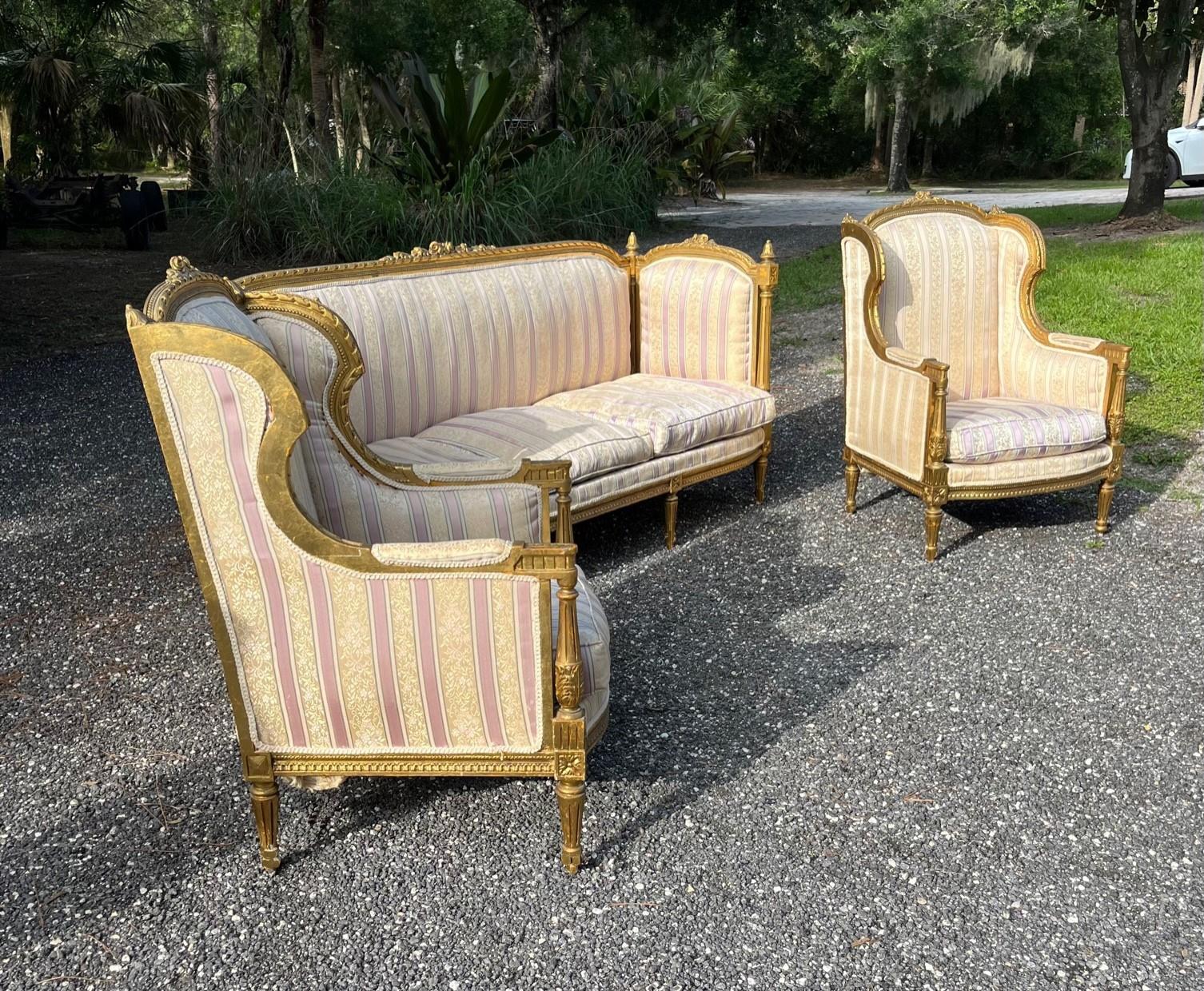 French 19th Century Louis XVI Style Settee and Bergeres A Oreilles For Sale 12