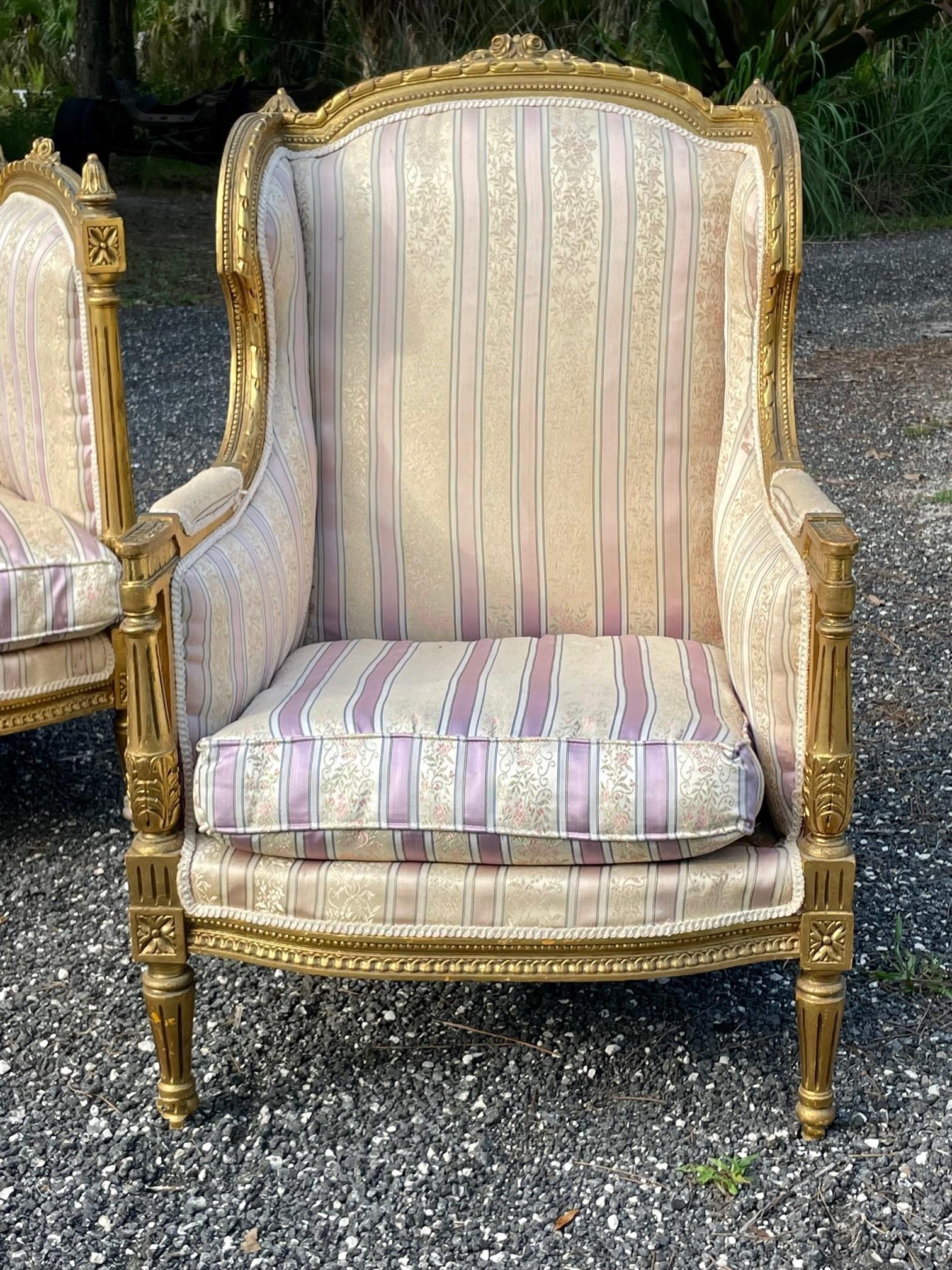 Carved French 19th Century Louis XVI Style Settee and Bergeres A Oreilles For Sale