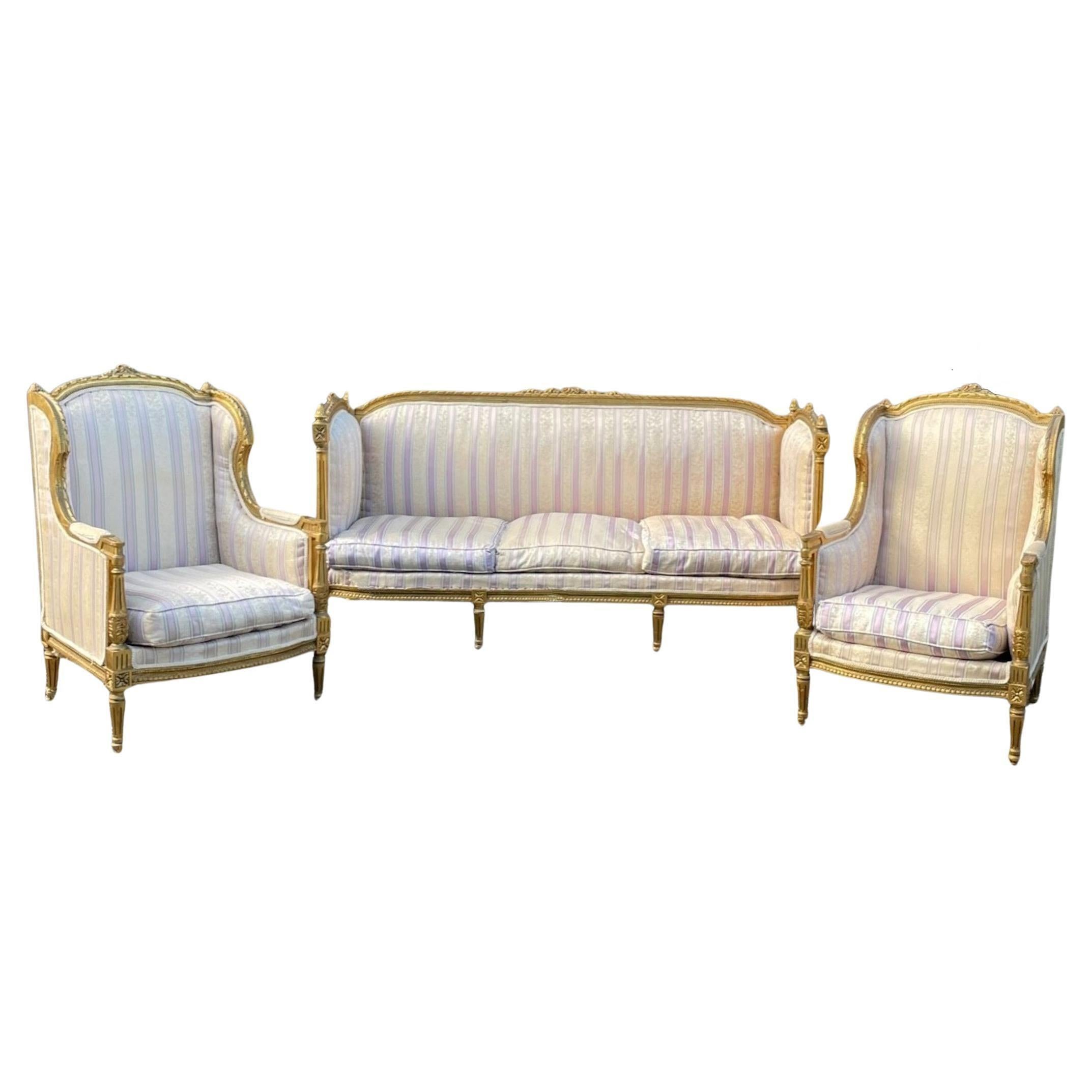 French 19th Century Louis XVI Style Settee and Bergeres A Oreilles In Good Condition For Sale In Vero Beach, FL