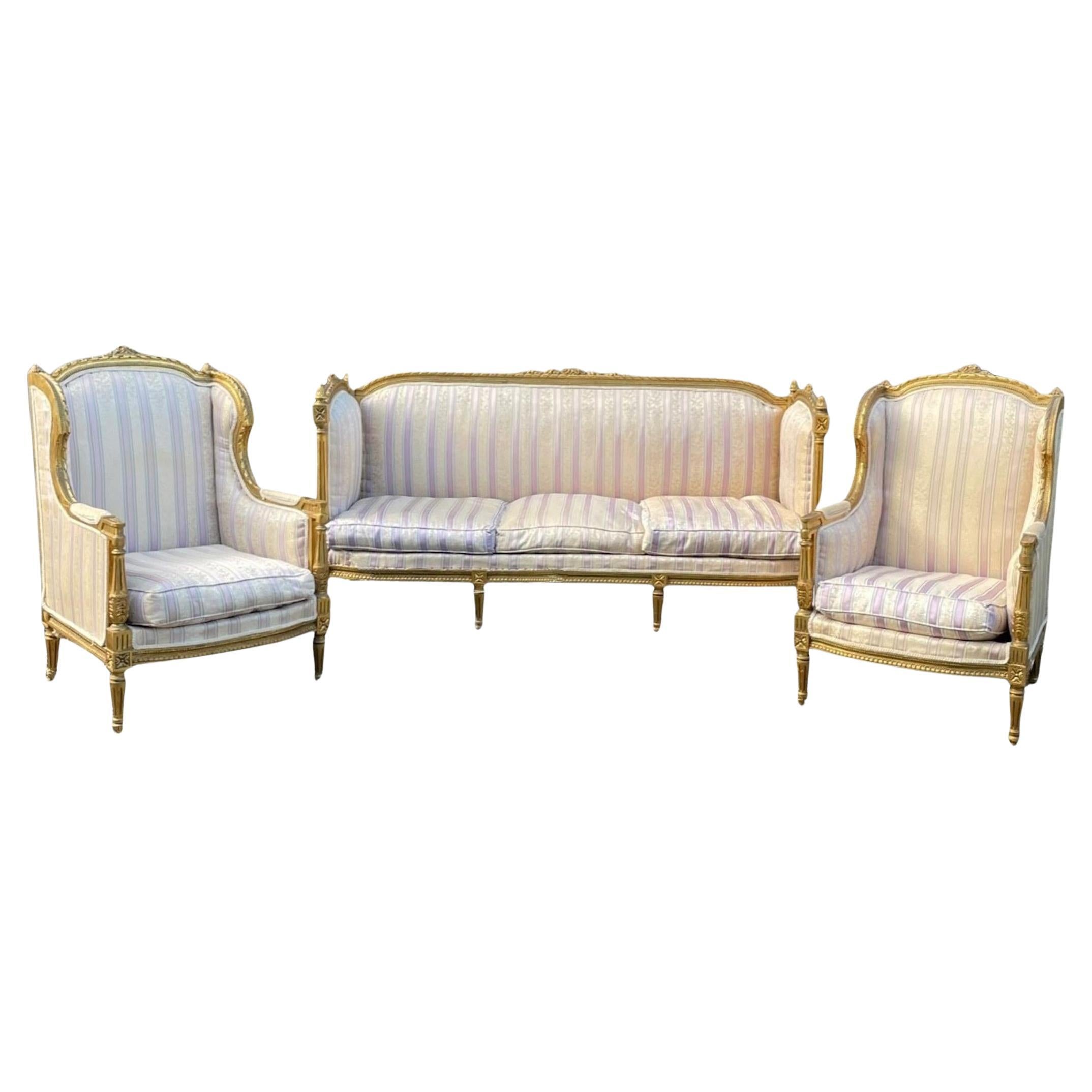 French 19th Century Louis XVI Style Settee and Bergeres A Oreilles For Sale