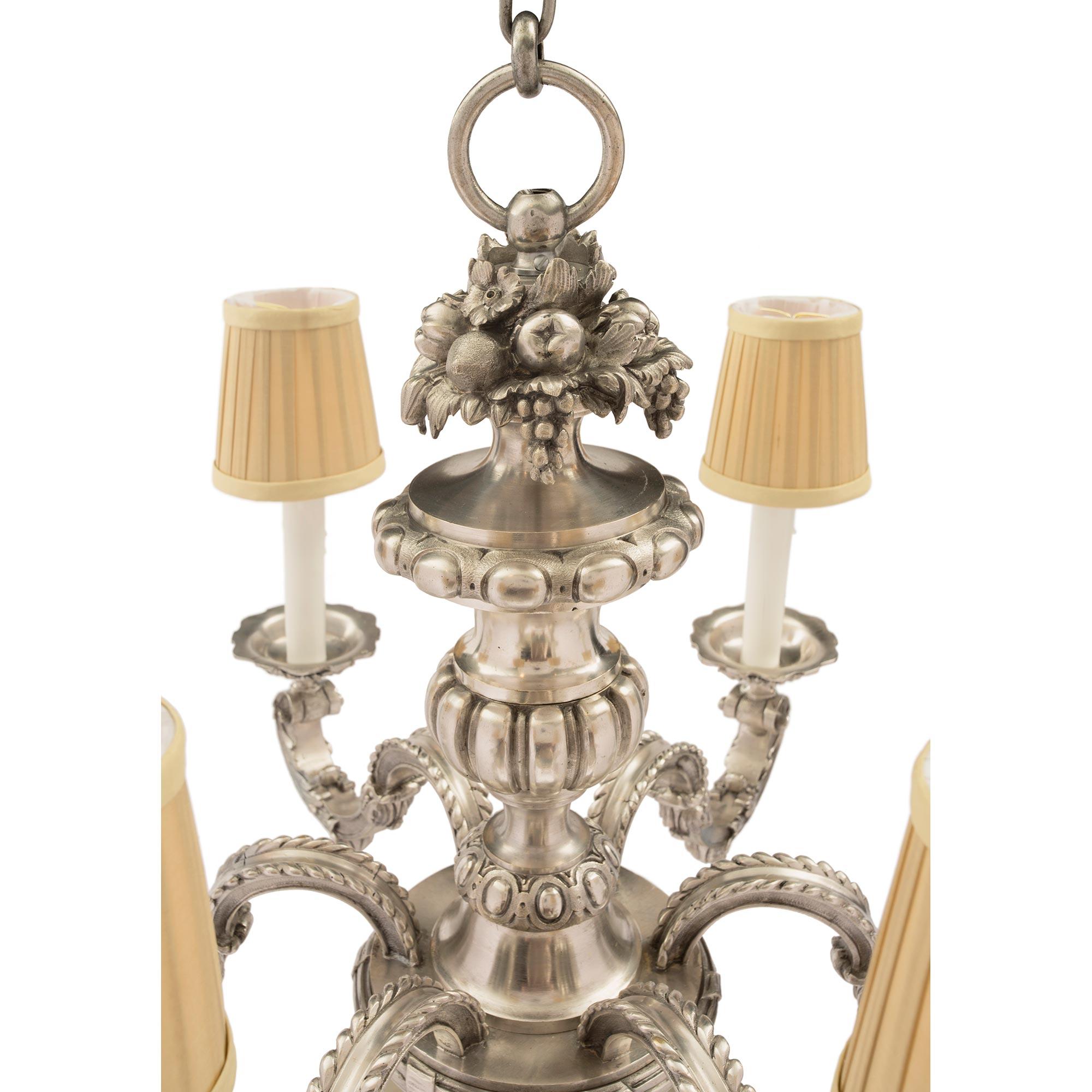 French 19th Century Louis XVI Style Silvered Bronze Six-Arm Chandelier For Sale 2