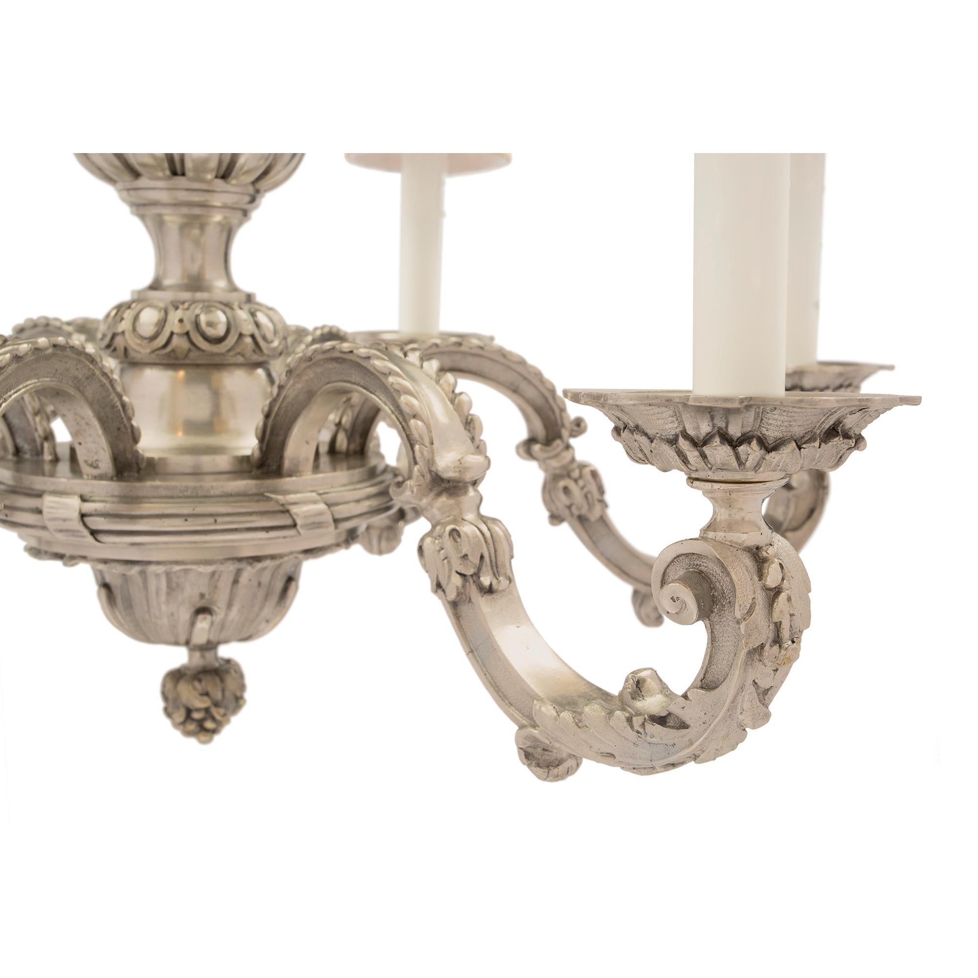 French 19th Century Louis XVI Style Silvered Bronze Six-Arm Chandelier For Sale 4
