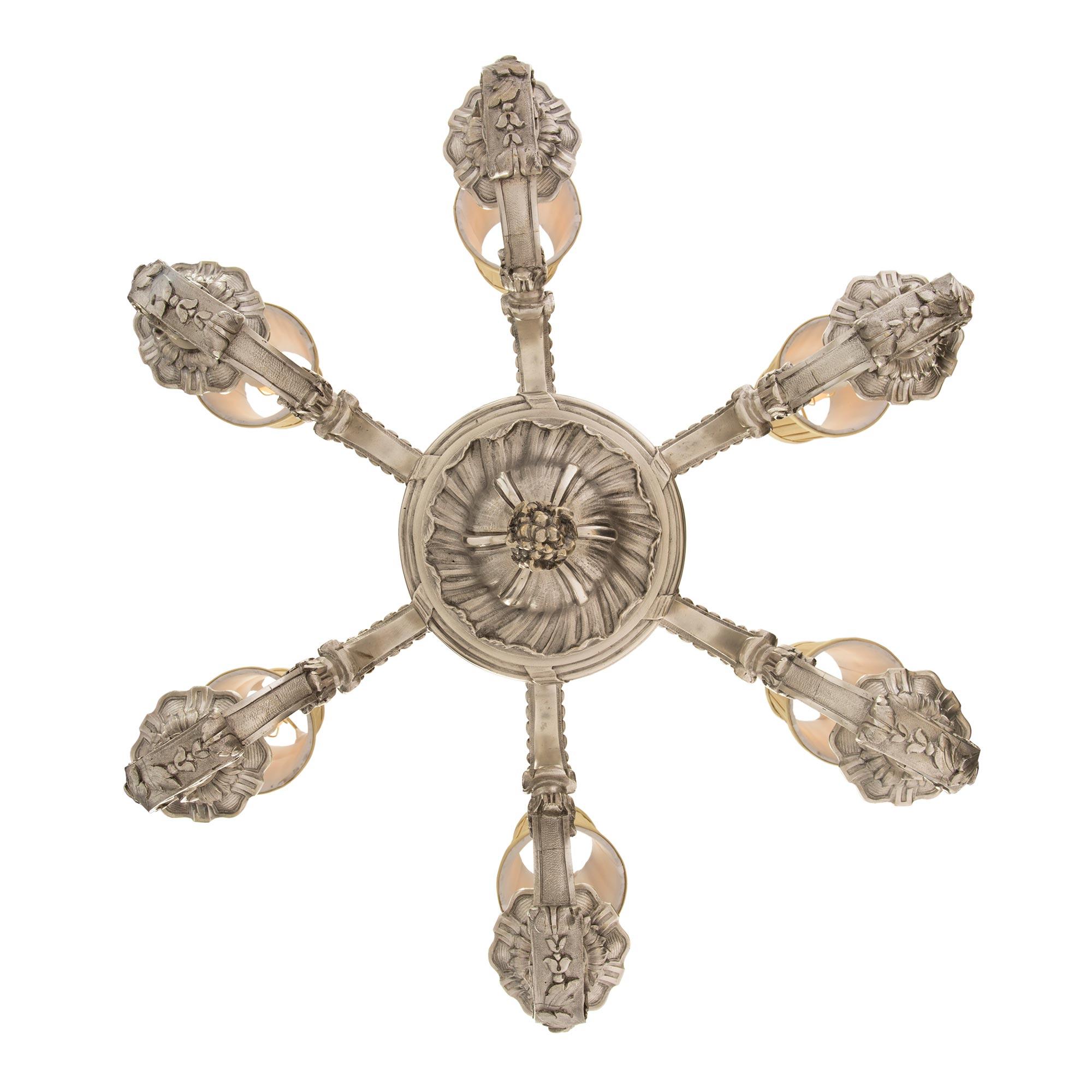 French 19th Century Louis XVI Style Silvered Bronze Six-Arm Chandelier For Sale 5