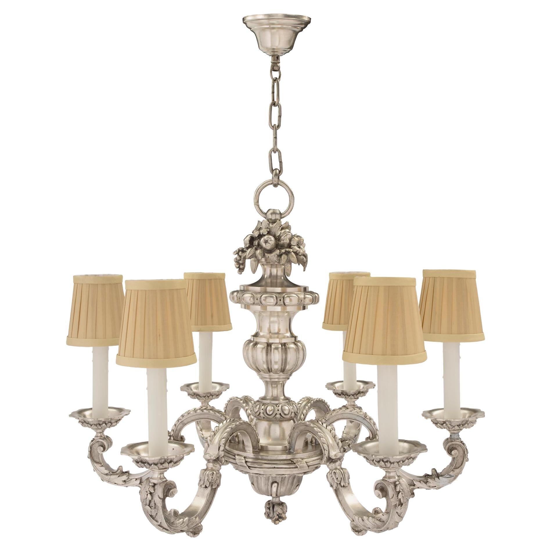 French 19th Century Louis XVI Style Silvered Bronze Six-Arm Chandelier