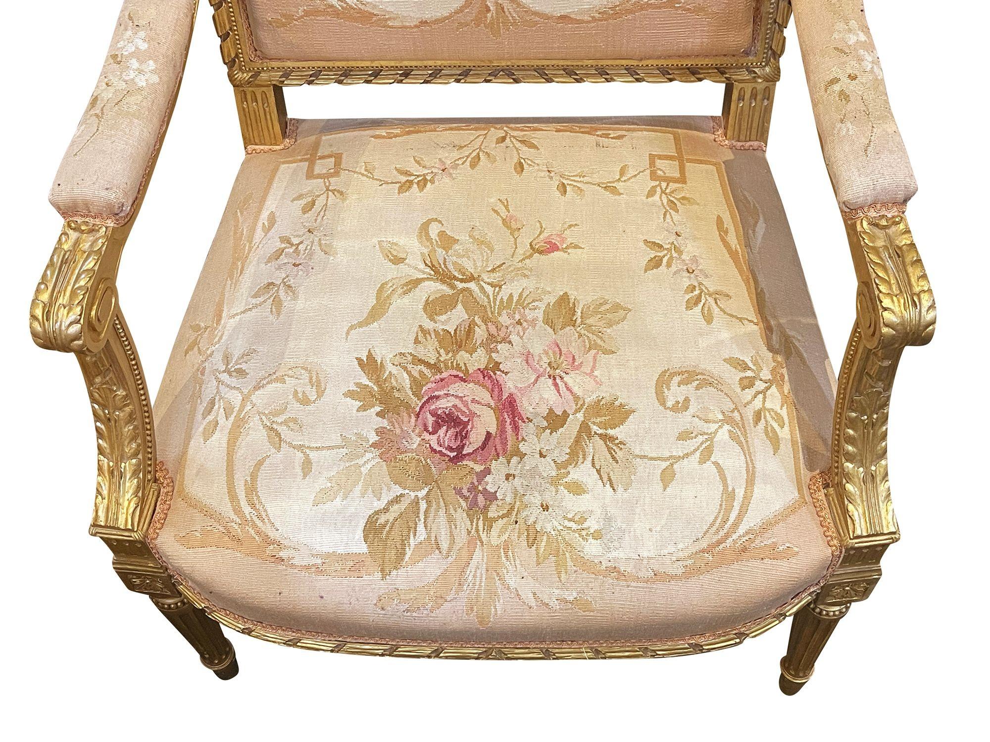 French 19th Century Louis XVI Style Six-Piece Giltwood, Aubusson Salon Suite For Sale 6