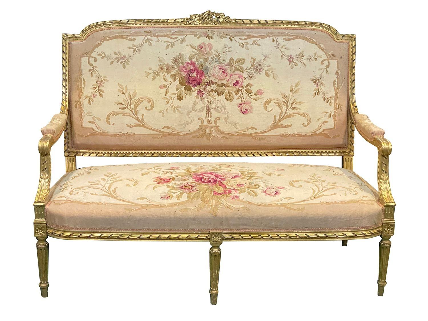 Hand-Carved French 19th Century Louis XVI Style Six-Piece Giltwood, Aubusson Salon Suite For Sale