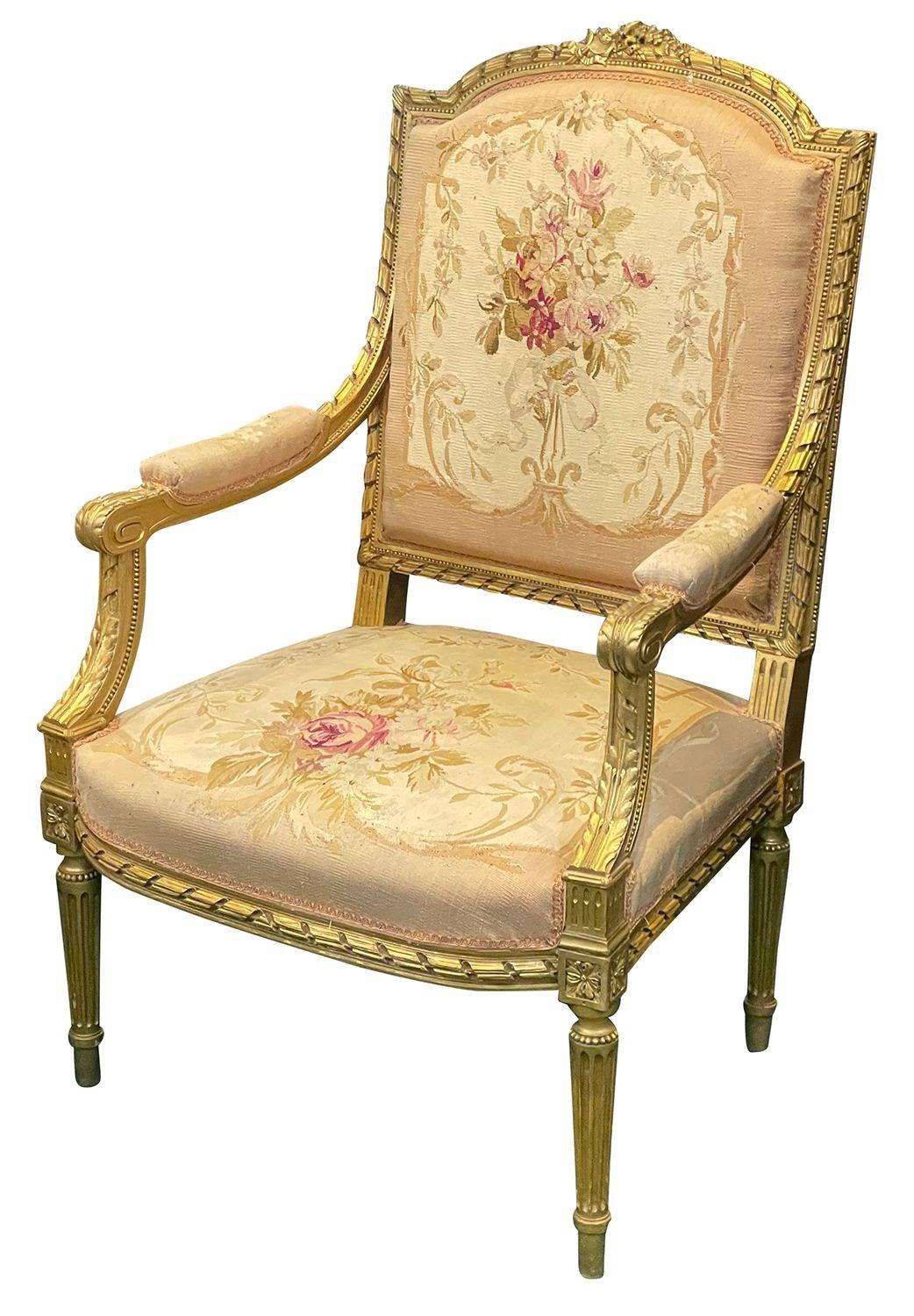 French 19th Century Louis XVI Style Six-Piece Giltwood, Aubusson Salon Suite In Good Condition For Sale In Brighton, Sussex