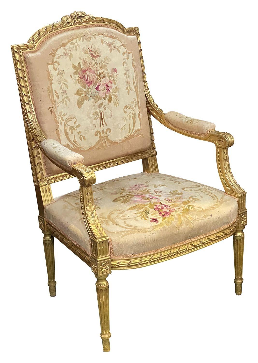 Tapestry French 19th Century Louis XVI Style Six-Piece Giltwood, Aubusson Salon Suite For Sale