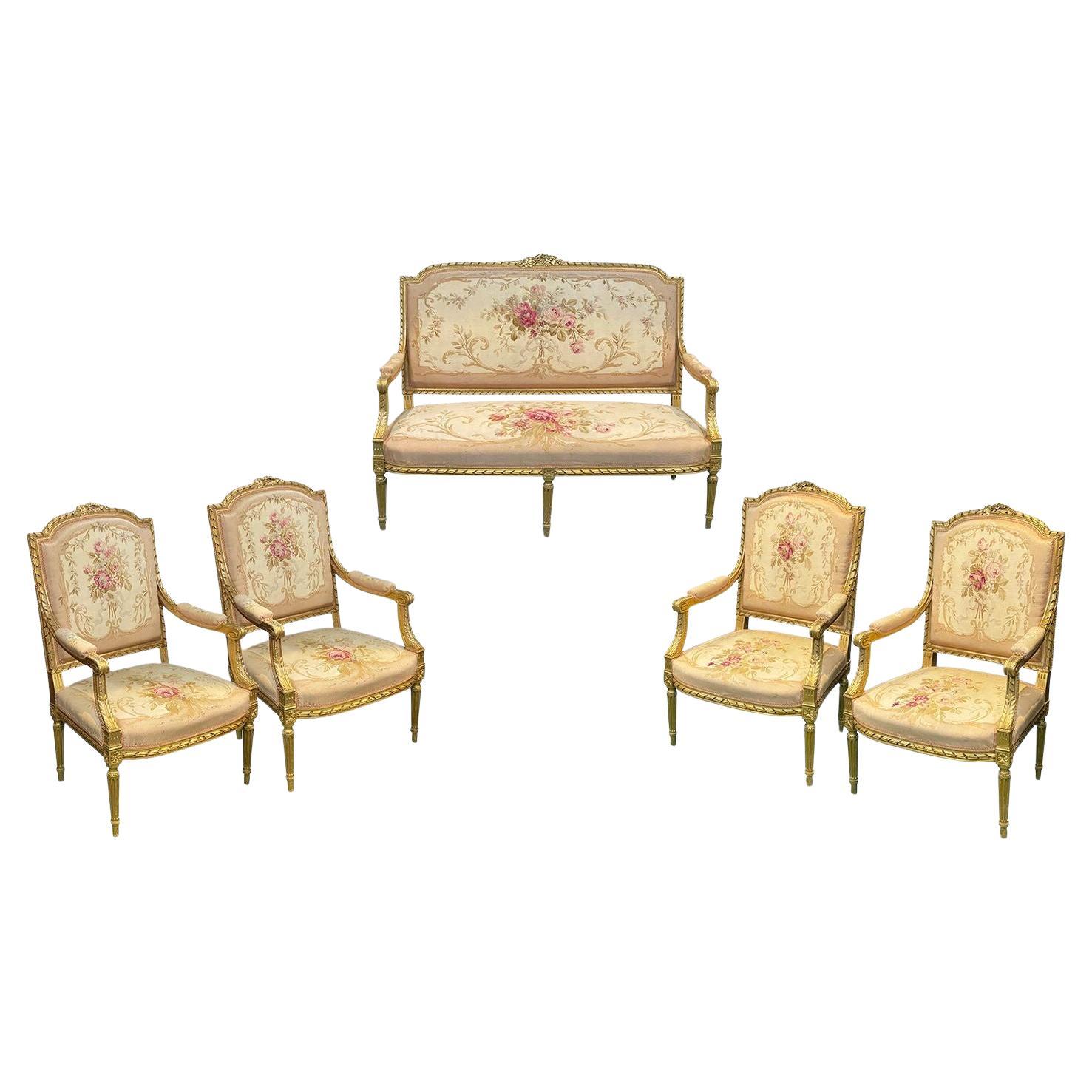 French 19th Century Louis XVI Style Six-Piece Giltwood, Aubusson Salon Suite For Sale