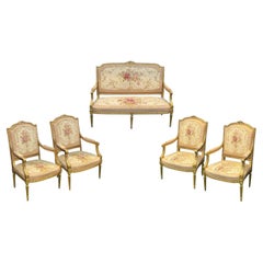 Antique French 19th Century Louis XVI Style Six-Piece Giltwood, Aubusson Salon Suite