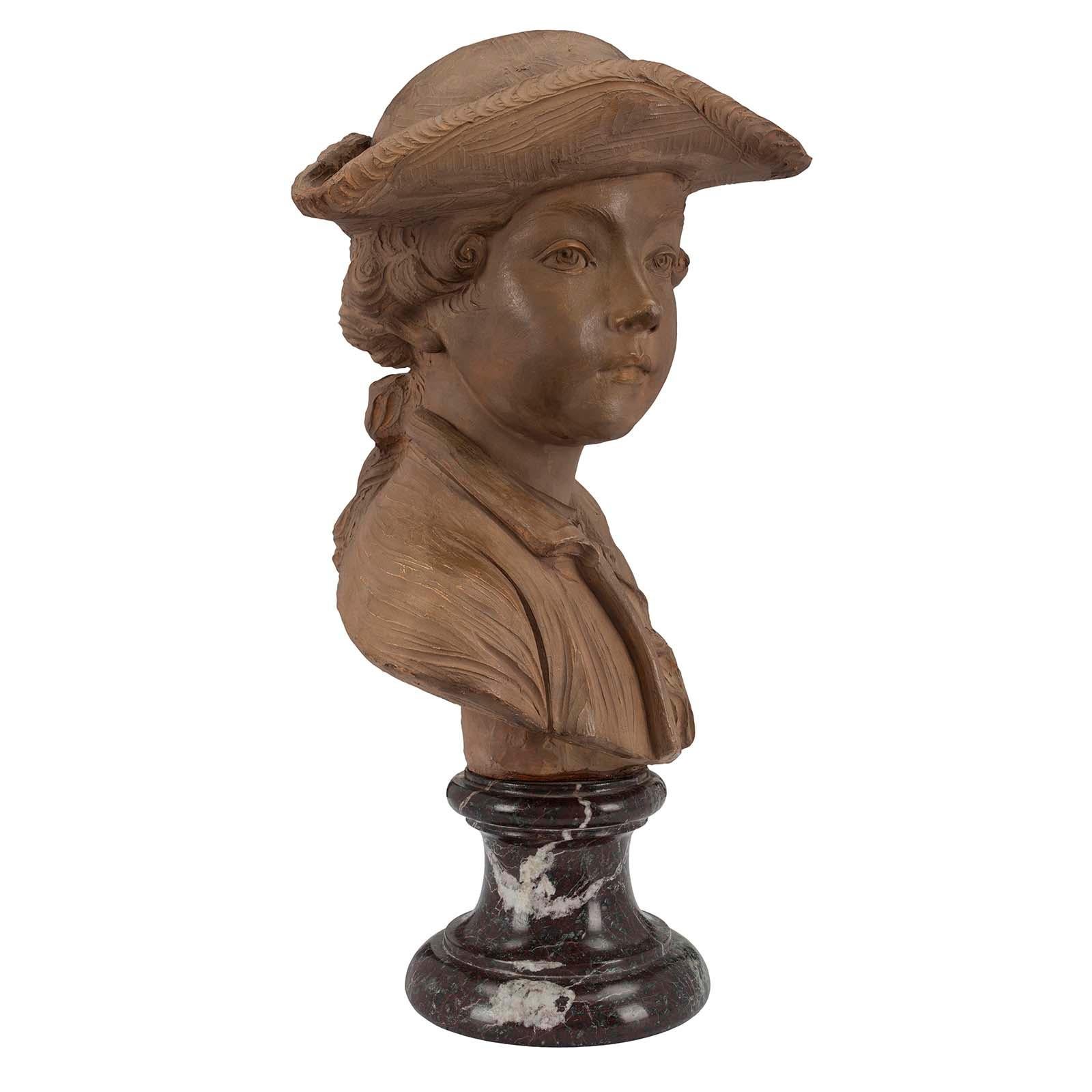 French 19th Century Louis XVI Style Terracotta Bust of a Young Boy Signed Houdon For Sale 2