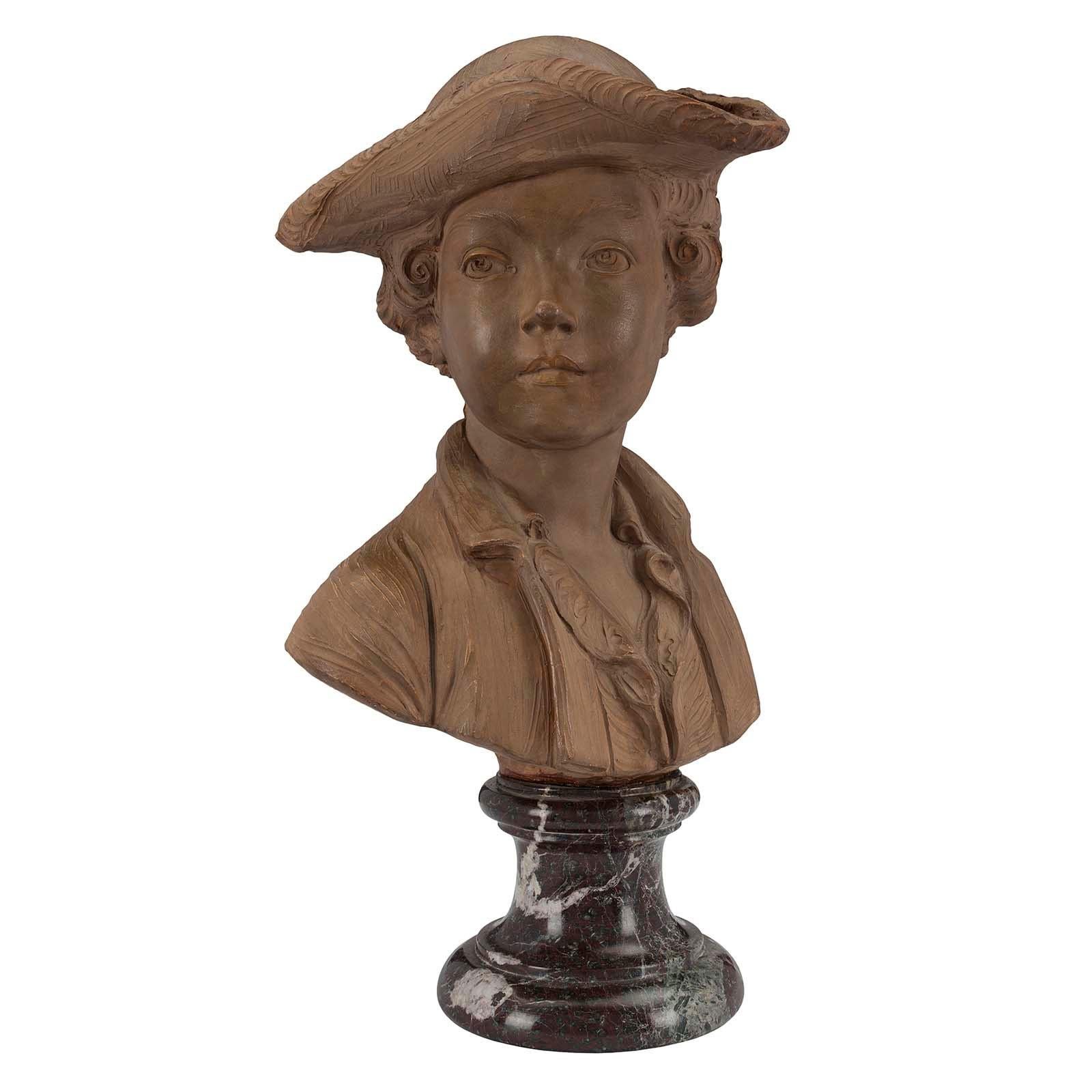 French 19th Century Louis XVI Style Terracotta Bust of a Young Boy Signed Houdon For Sale