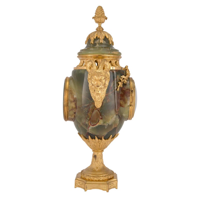 French 19th Century Louis XVI Style Three-Piece Onyx and Ormolu Garniture Set In Good Condition For Sale In West Palm Beach, FL