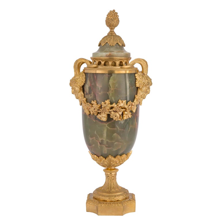 French 19th Century Louis XVI Style Three-Piece Onyx and Ormolu Garniture Set For Sale 2