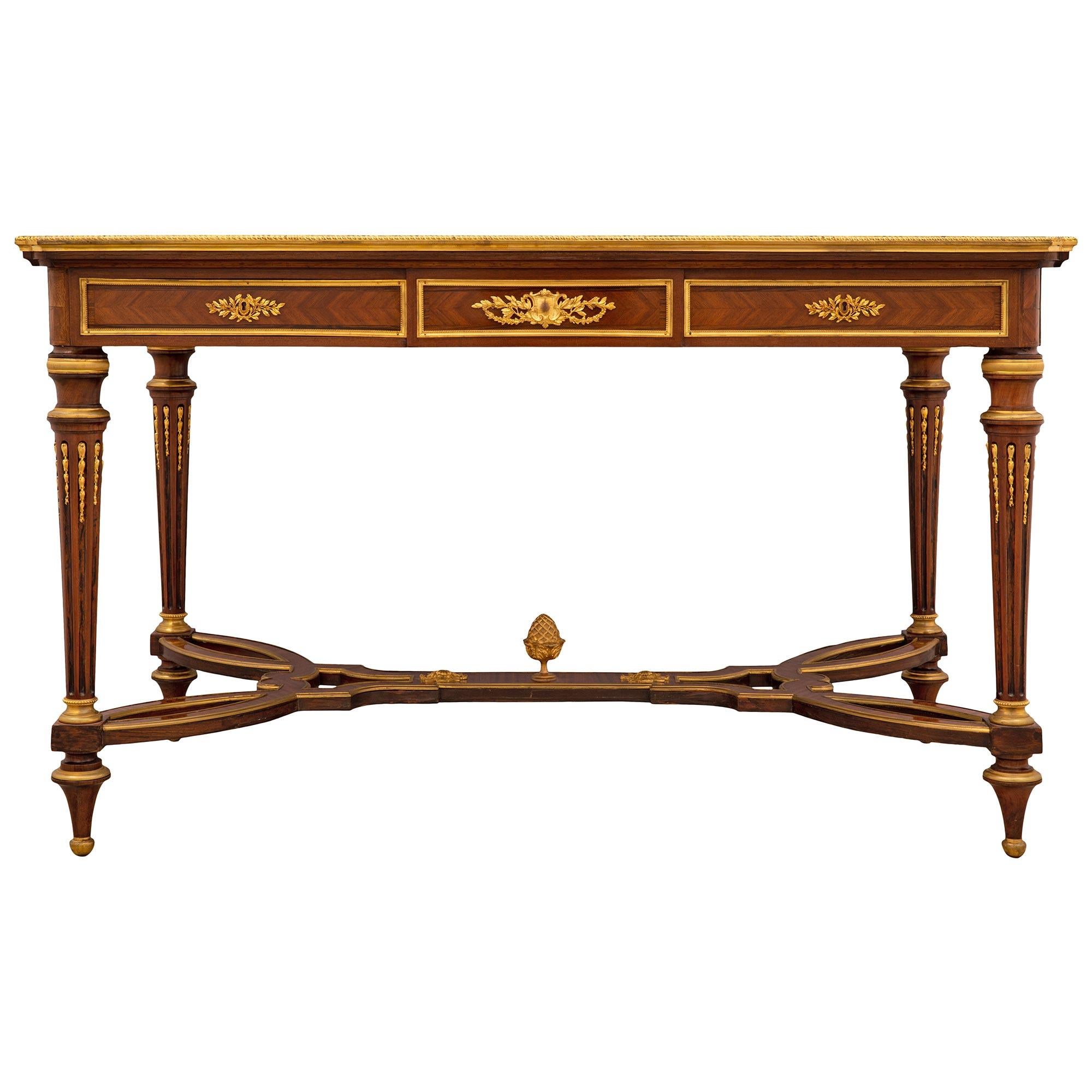 French 19th Century Louis XVI Style Tulipwood and Ormolu Center Table In Good Condition For Sale In West Palm Beach, FL