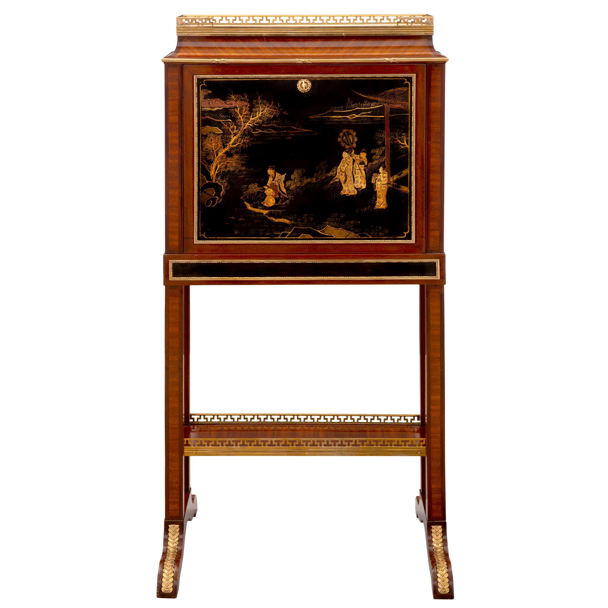 Bureau français du 19ème siècle de style Louis XVI en bois de tulipier, bois de violette et ébène à façade goutte à goutte