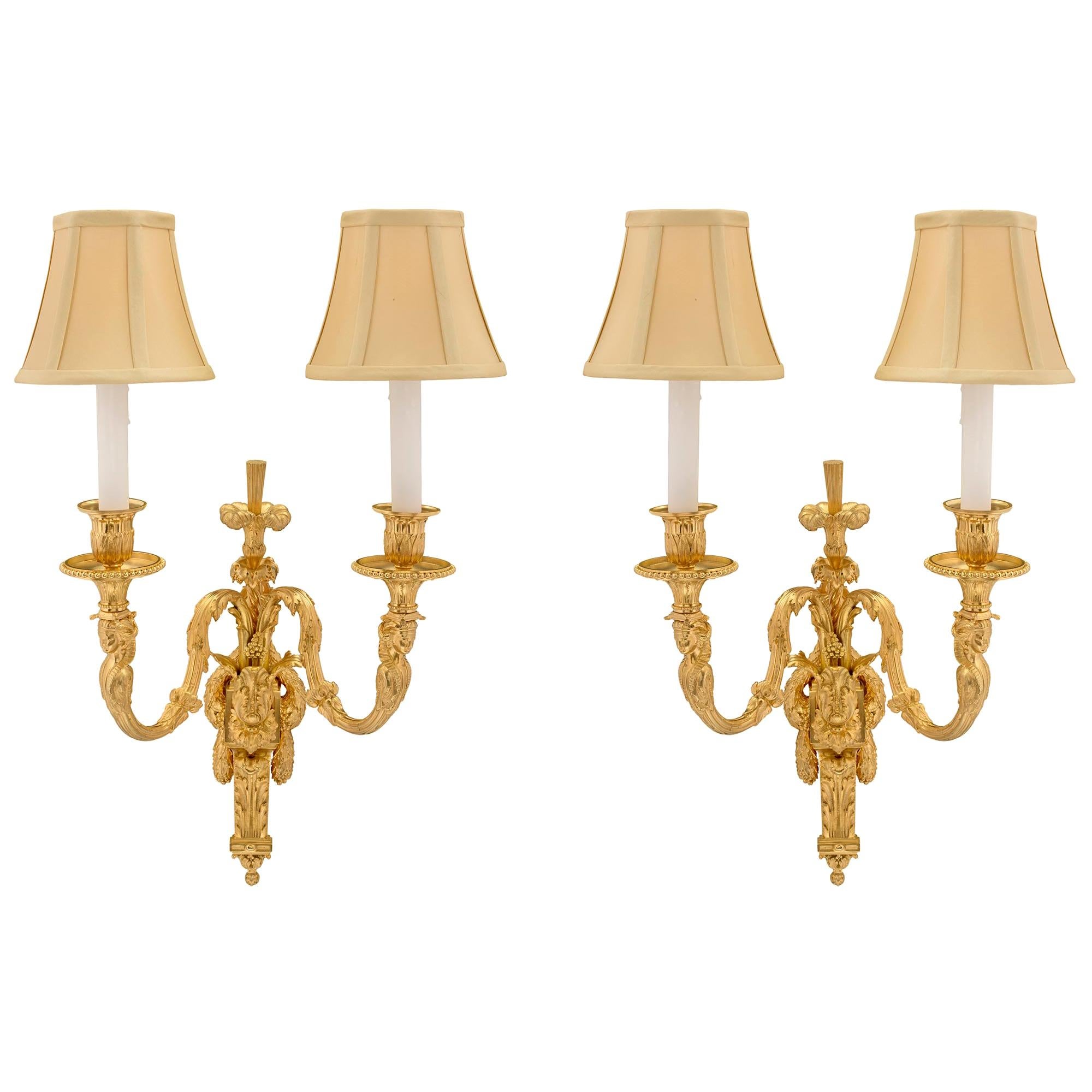 French 19th Century Louis XVI Style Two Arm Ormolu Sconces For Sale