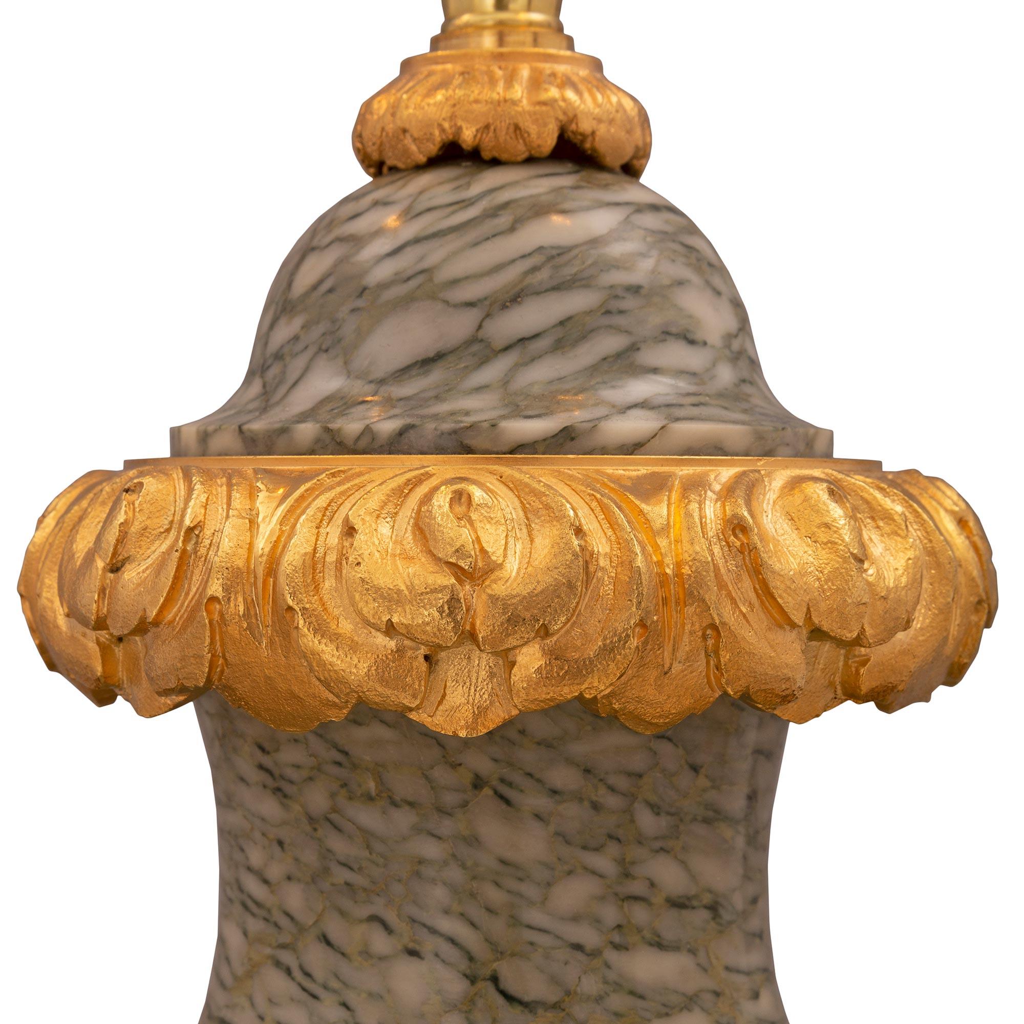 French 19th Century Louis XVI Style Vert Campan Marble and Ormolu Lamp For Sale 1