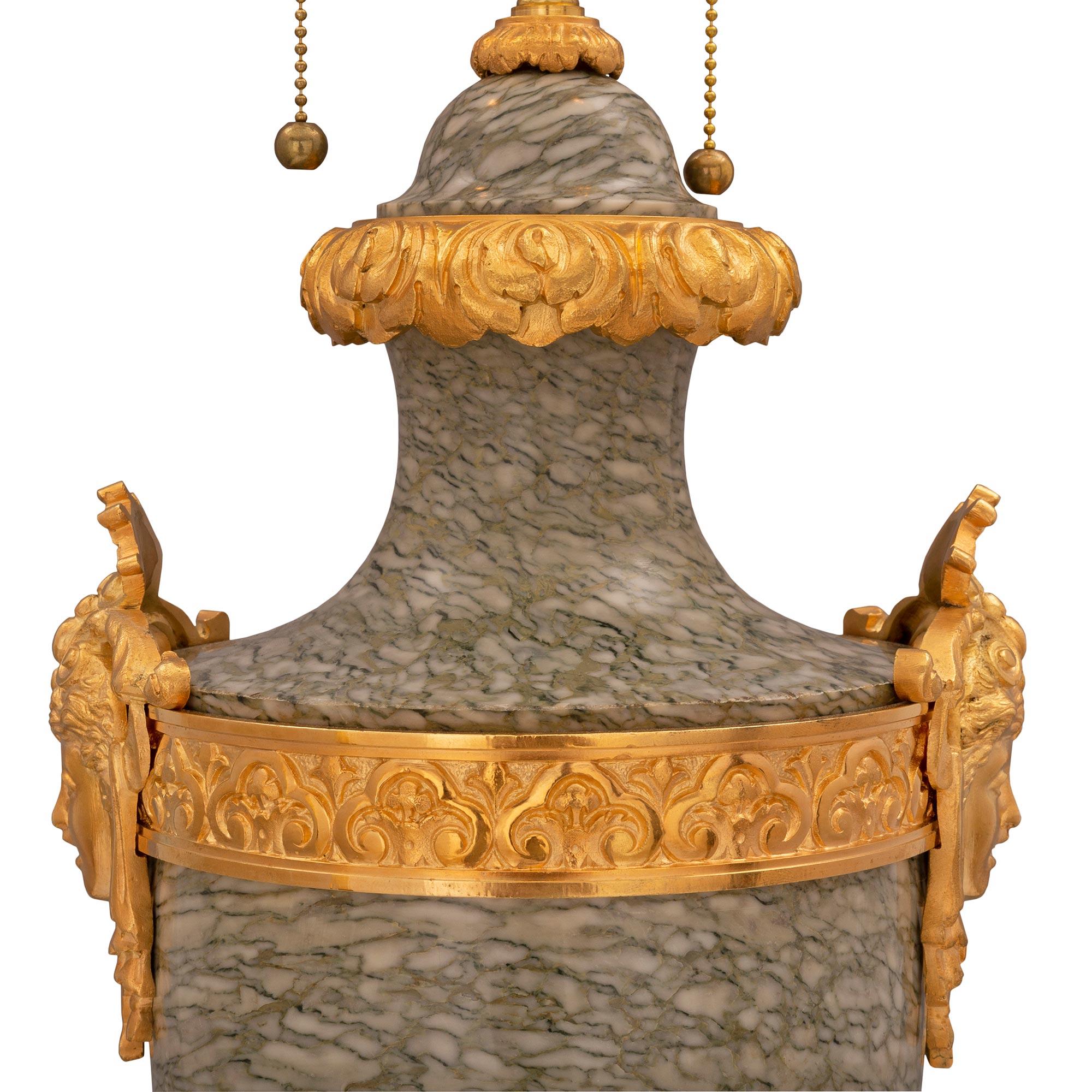 French 19th Century Louis XVI Style Vert Campan Marble and Ormolu Lamp For Sale 2