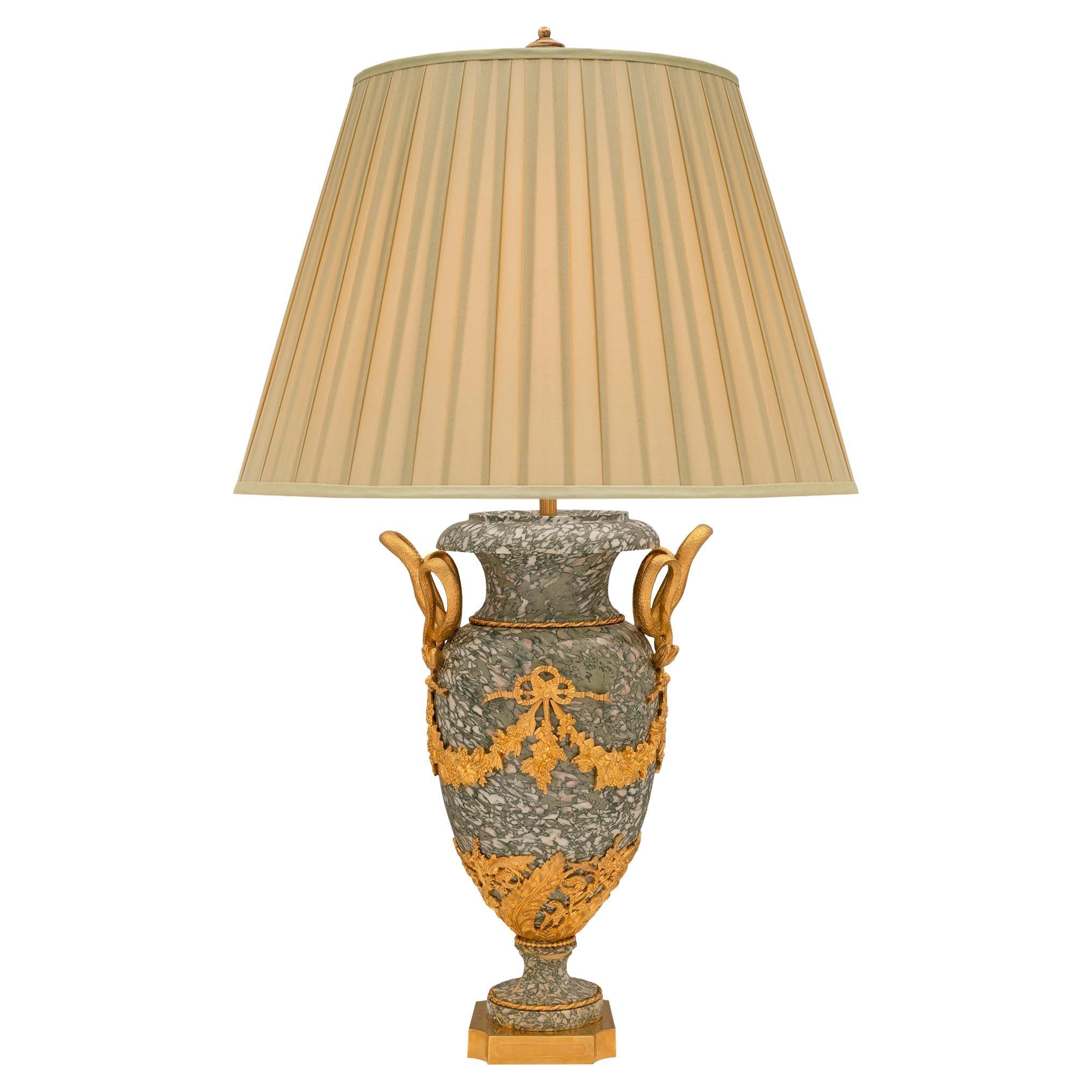 French 19th Century Louis XVI Style Vert Campan Marble and Ormolu Lamp
