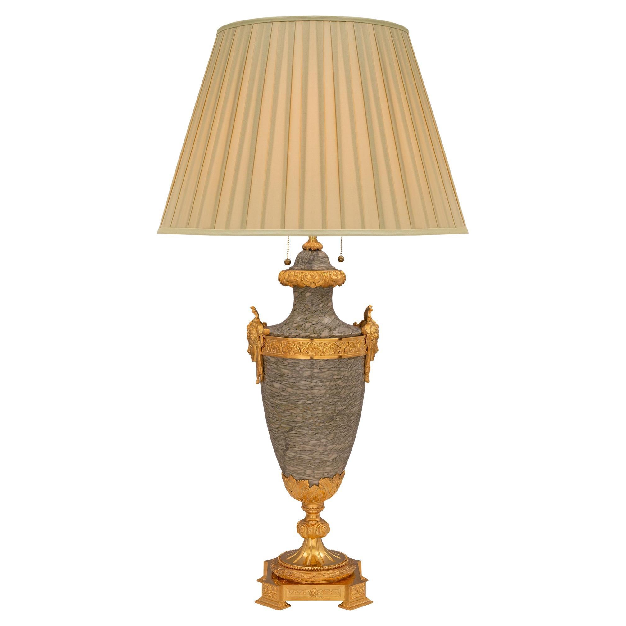 French 19th Century Louis XVI Style Vert Campan Marble and Ormolu Lamp For Sale