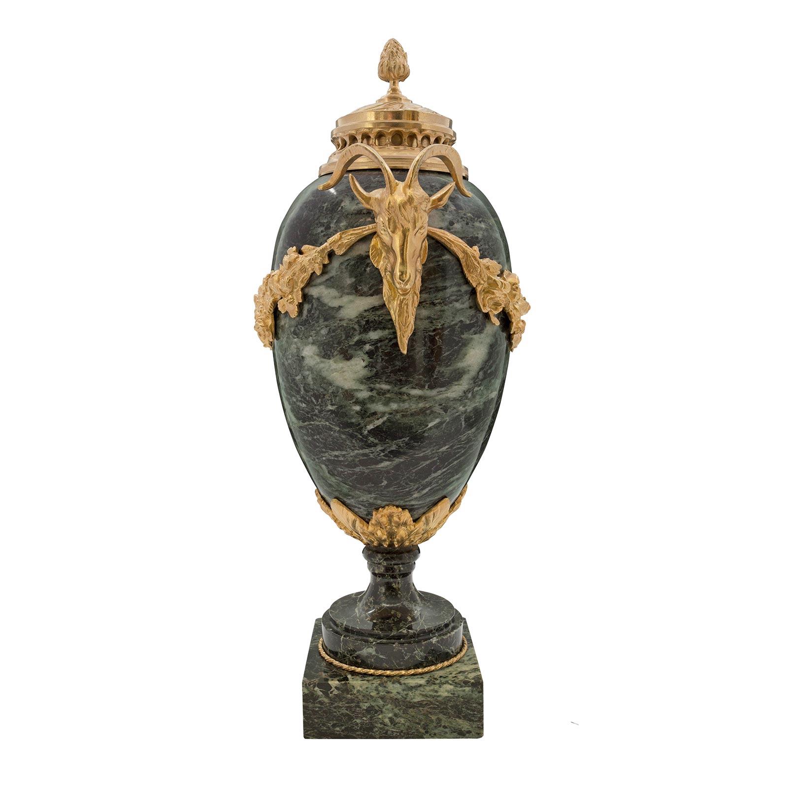 French 19th Century Louis XVI Style Vert De Patricia Marble and Ormolu Urns In Good Condition For Sale In West Palm Beach, FL