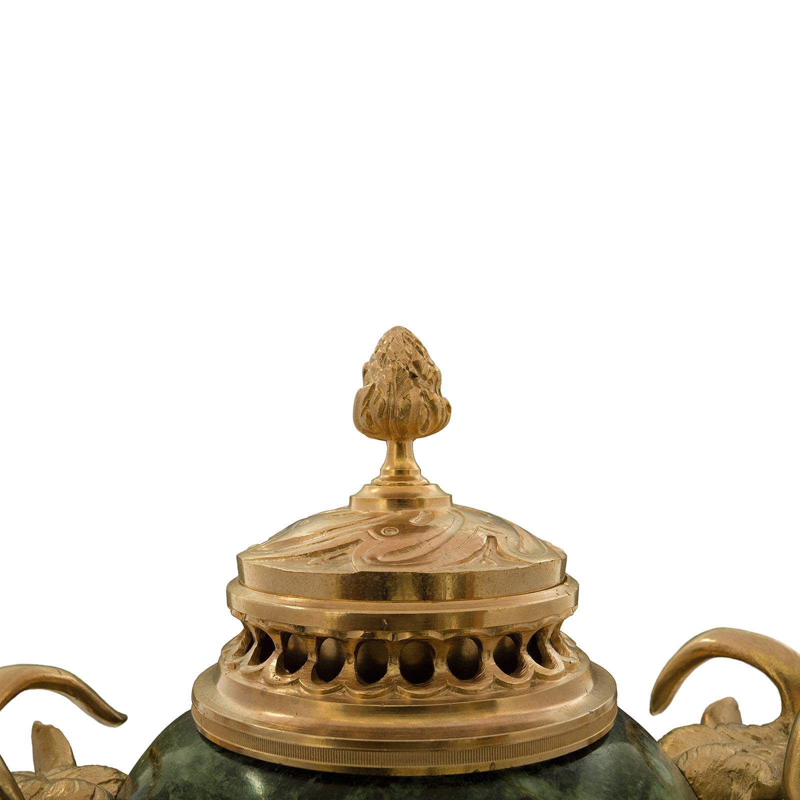French 19th Century Louis XVI Style Vert De Patricia Marble and Ormolu Urns For Sale 1