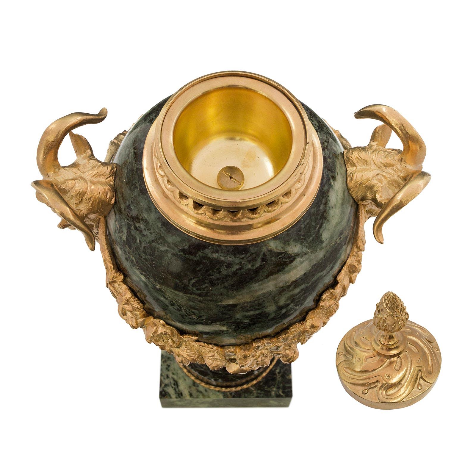 French 19th Century Louis XVI Style Vert De Patricia Marble and Ormolu Urns For Sale 2