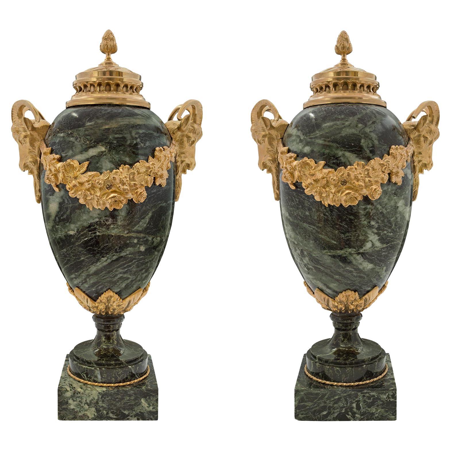 French 19th Century Louis XVI Style Vert De Patricia Marble and Ormolu Urns For Sale