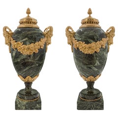 French 19th Century Louis XVI Style Vert De Patricia Marble and Ormolu Urns