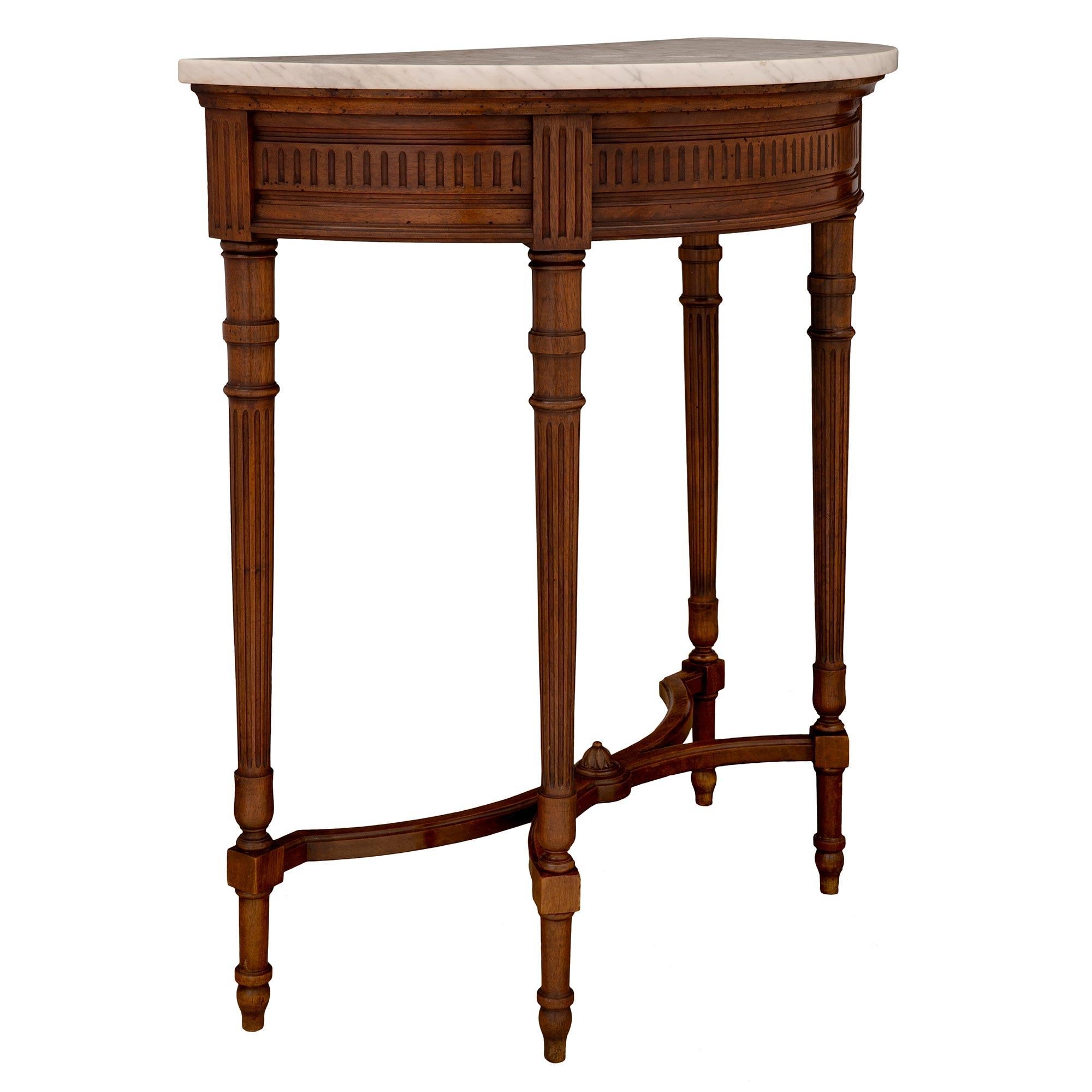 French 19th Century Louis XVI Style Walnut and Marble Demilune Console In Good Condition For Sale In West Palm Beach, FL